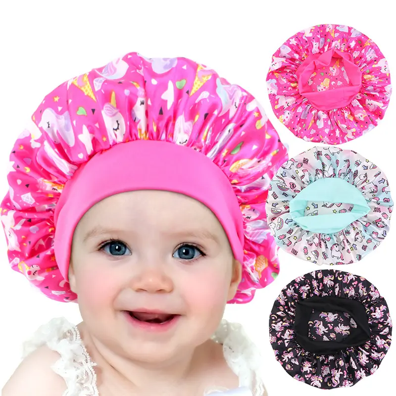 3-Pack Toddler Girl Bonnets for Sleeping, Kids' Unicorn Print Polyester Silk Full Head Covers with Wide Elastic Band for Hair Protection, Prop 65 Safe