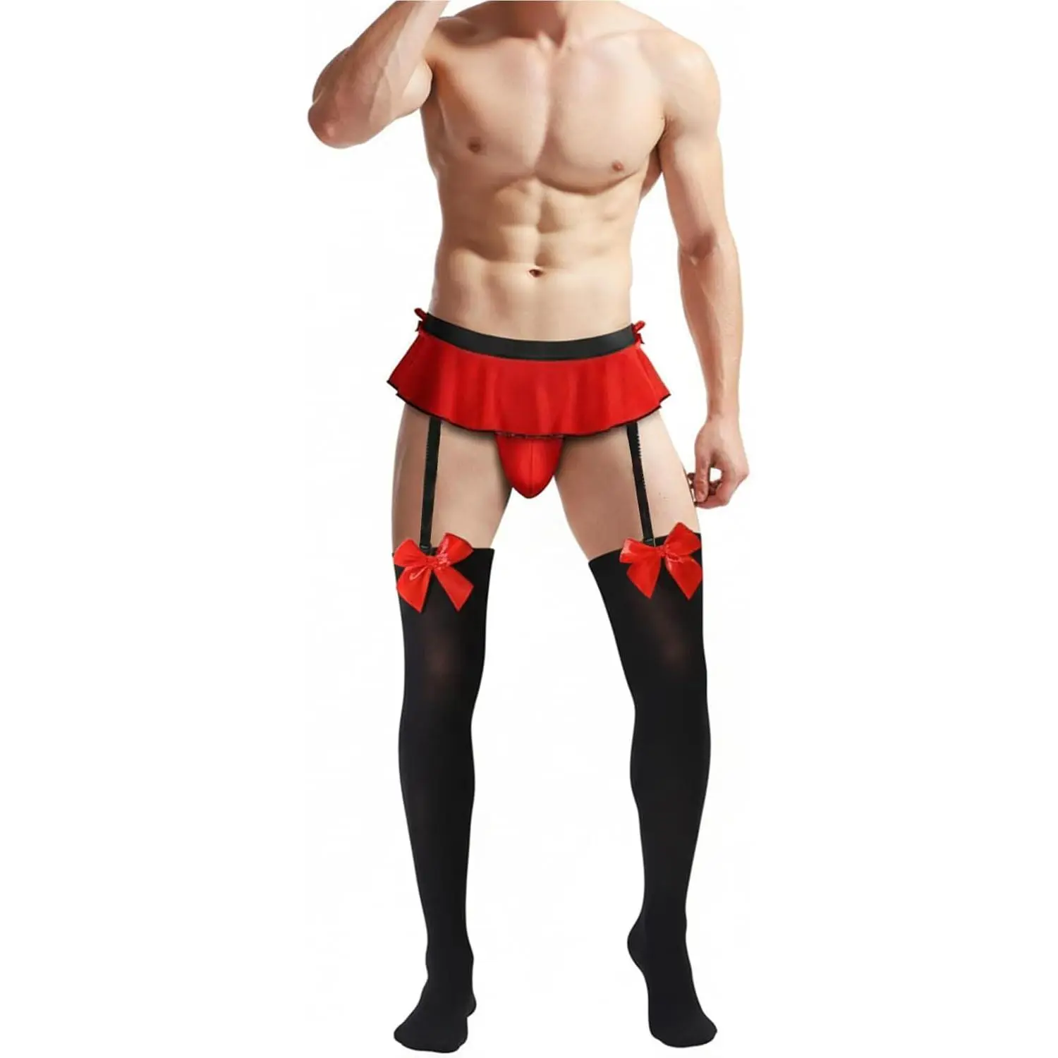 Men’s Femboy Skirted Thong Panties and Thigh High Stockings Set Bowknot Sissy Low Rise G-String Lingerie Bikini Briefs