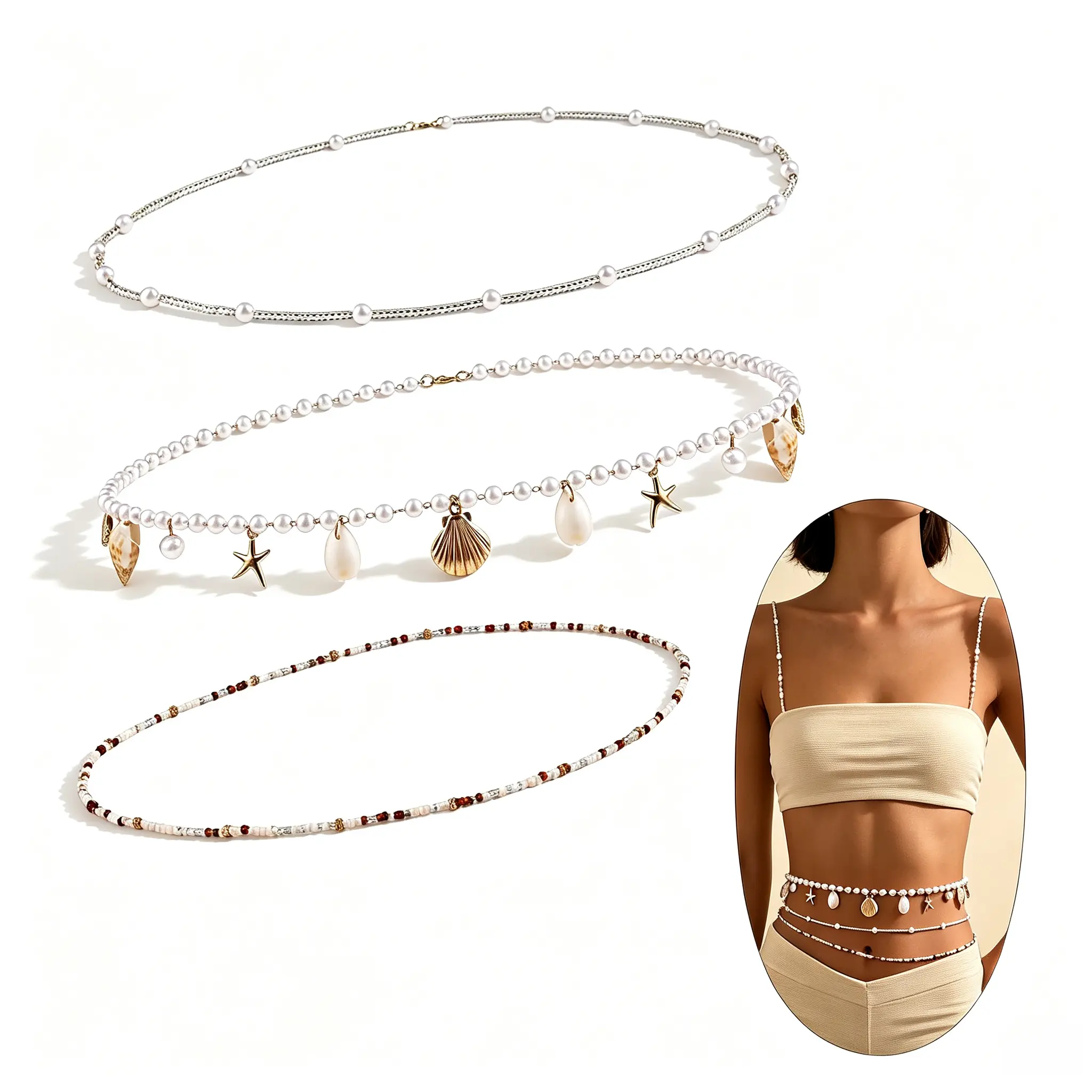 3Pcs Adjustable Layered Waist Chain for Women – Bohemian Shell Beaded Belly Chain, Bikini Body Chain, Perfect Beach Vacation Jewelry