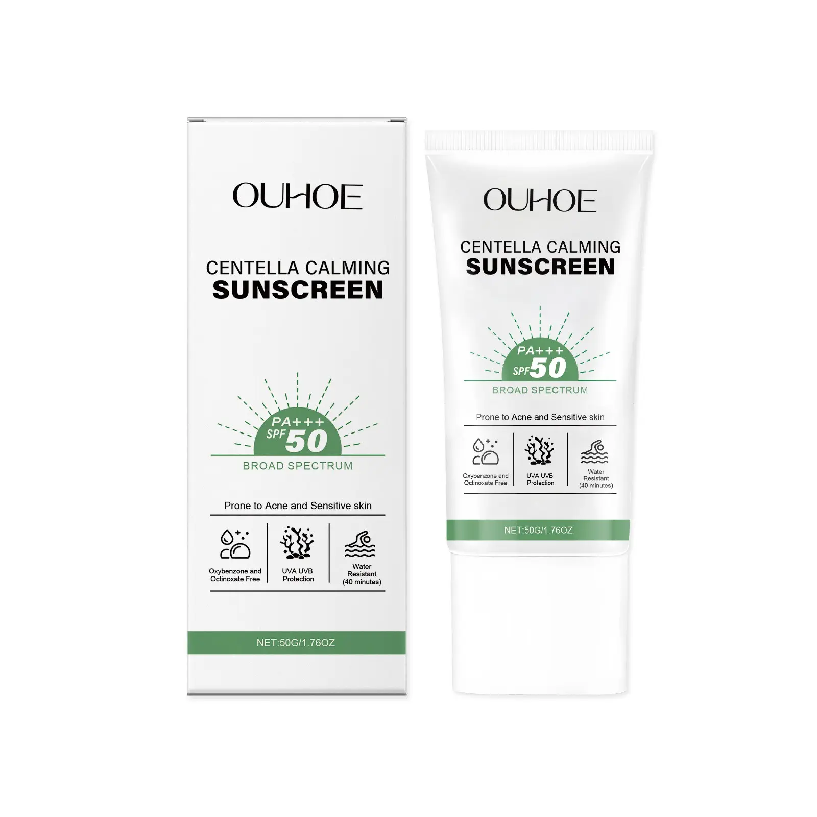 Centella Asiatica Facial Sunscreen Cream, Lightweight Moisturizing SPF 50, Non-Greasy