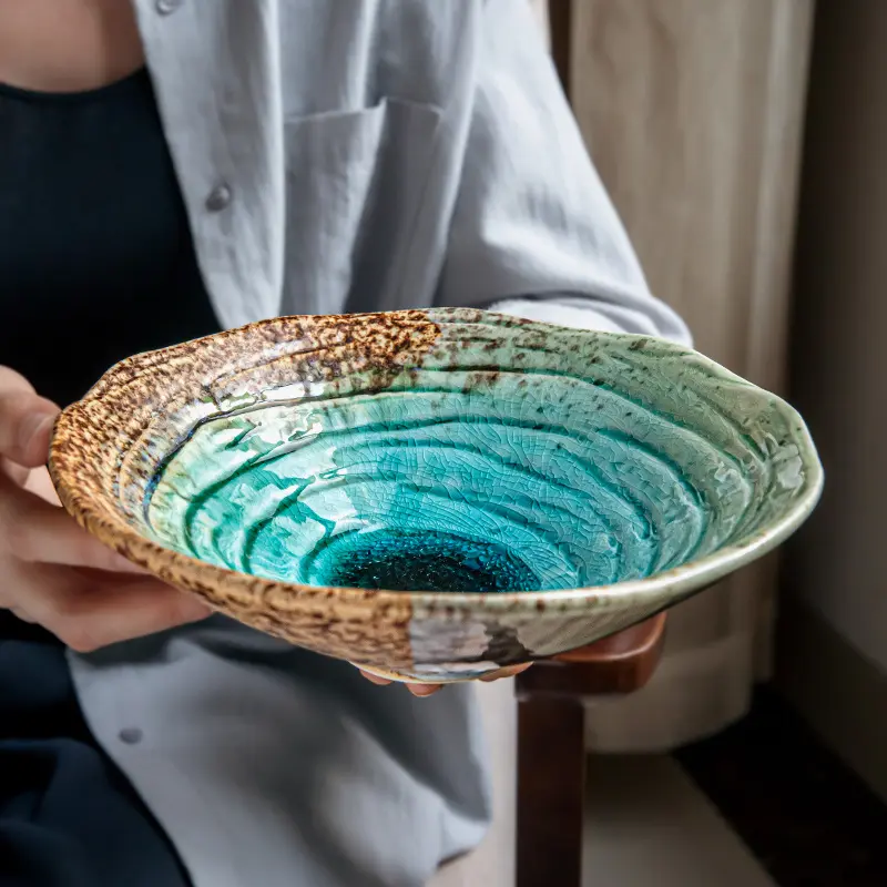 Bitan beautiful ice-crack new model 8inch conical bowl blue art ceramic salad bowl noodle bowl Decorative Bowls