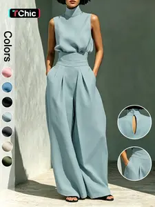 Women's Two-Piece Set High Neck Sleeveless Top and Long Pants, Elegant Style High Waist Wide Leg Pants Set, Fashionable Chic Ladies
