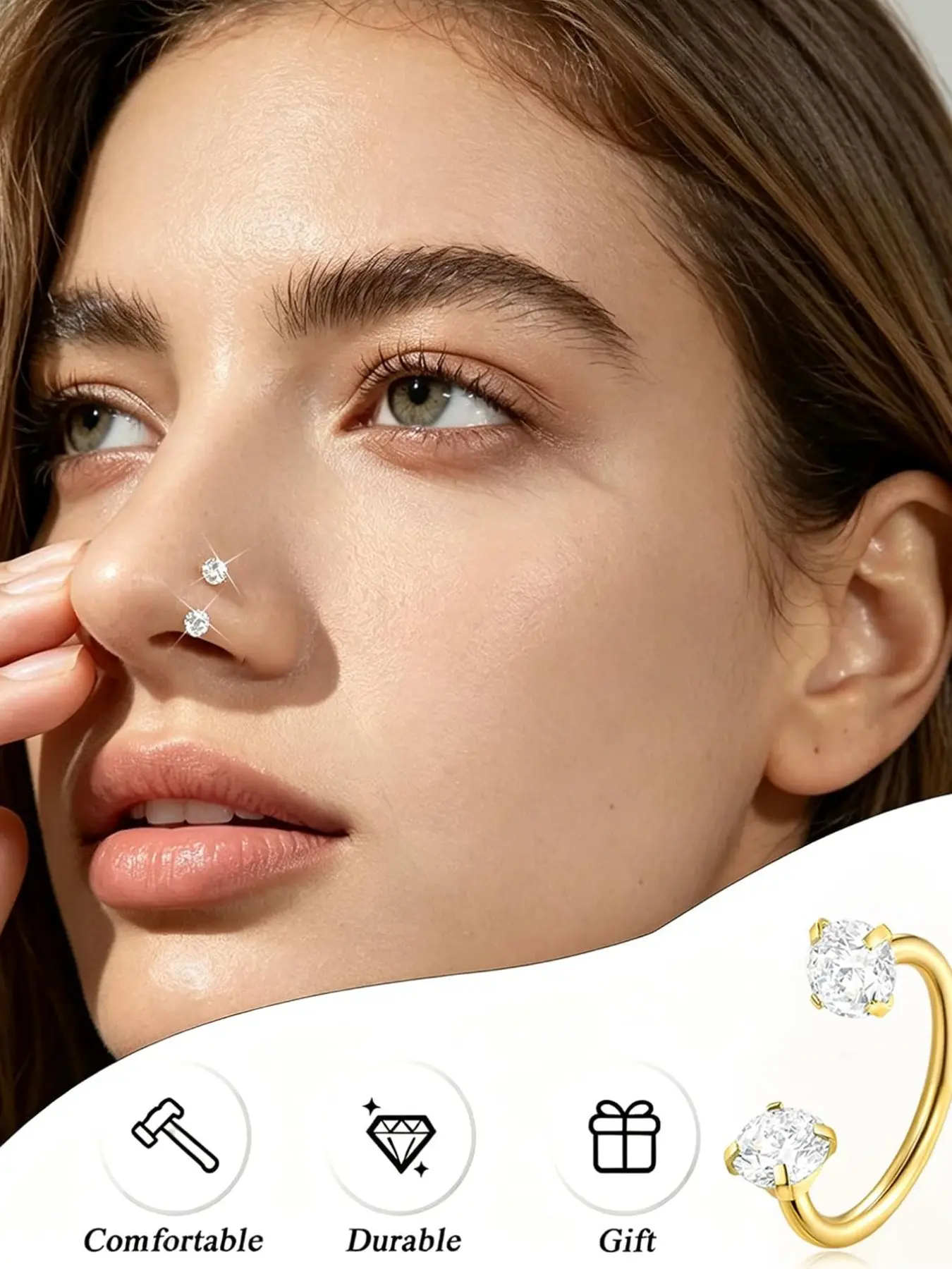 Horseshoe Nose Ring 20G 316L Surgical Steel Double CZ Internally Threaded Cartilage Helix Tragus Earrings for Women Men Septum Nostril Lip Eyebrow Piercing 8MM Gold Plated