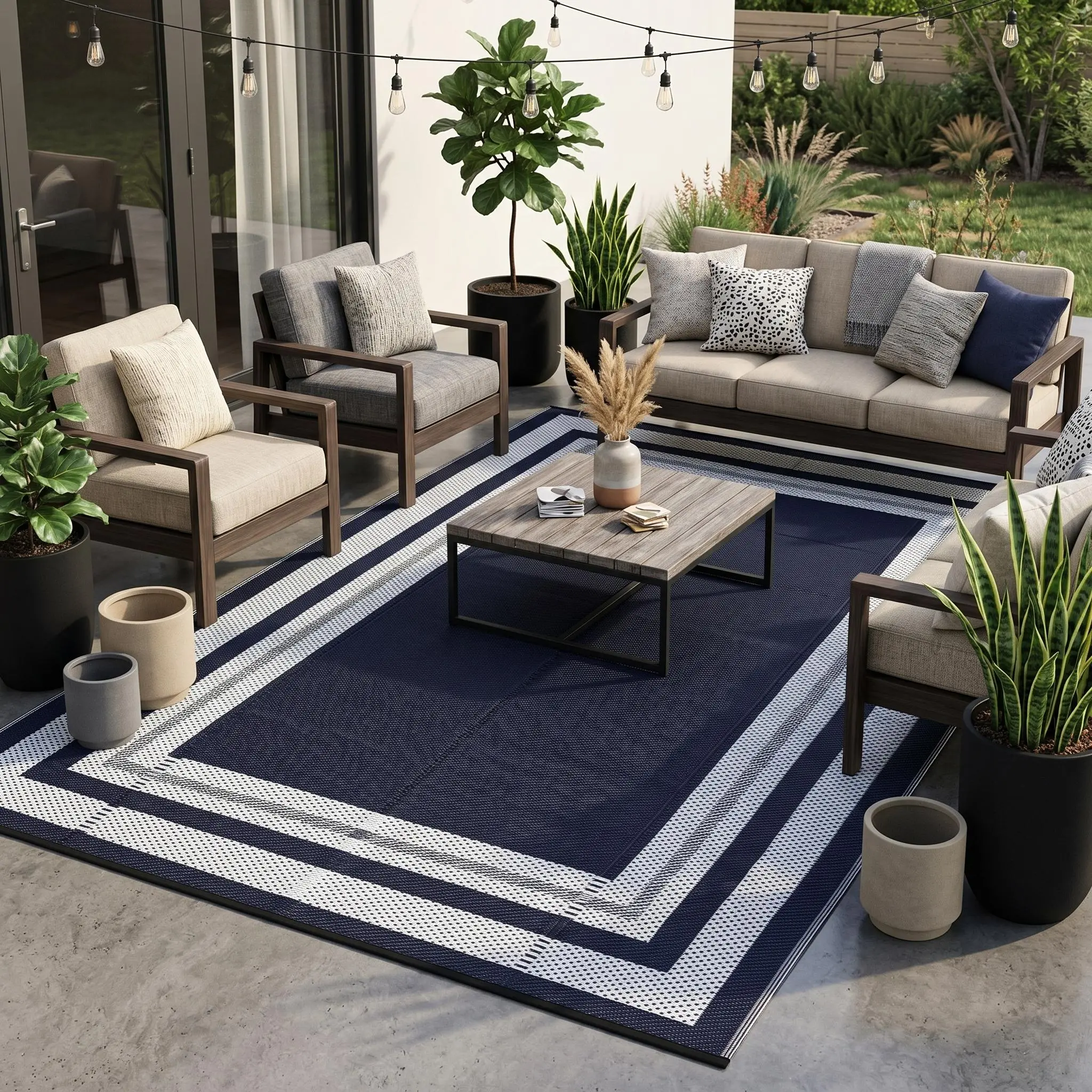 Minimal Border PP Woven Outdoor Patio Rug, Waterproof UV Resistant Foldable Camping Floor Mat with 4 Ground Stakes & Carry Bag, Stain proof Backyard RV Balcony Pool Deck Decor for Garden Picnic Beach Apartment