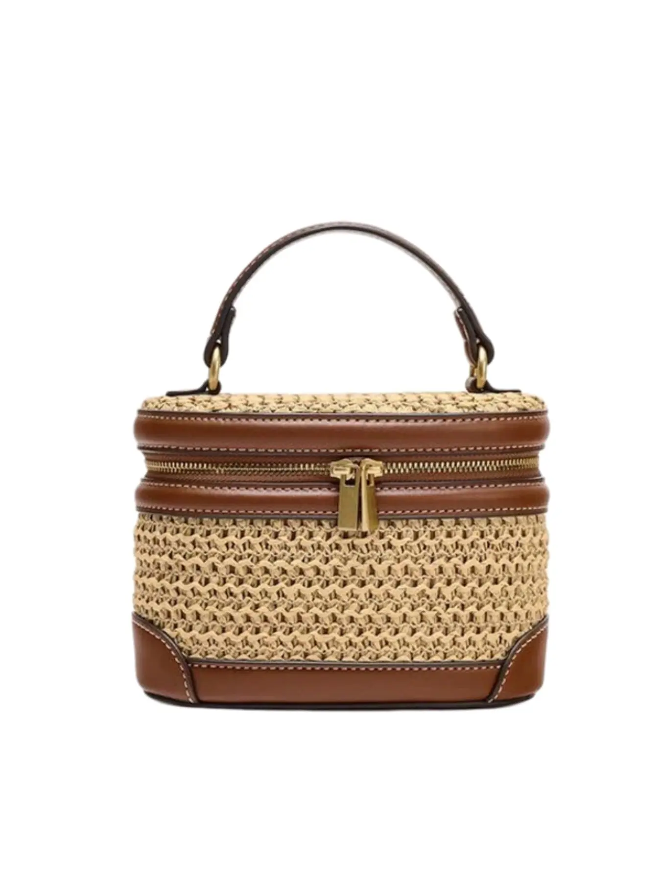 Ins Viral Retro Straw Woven Oval Box Bag Full Double Zipper Storage Short Top Handle Detachable Crossbody Strap Mini Cosmetic Purse For Vacation Beach Weekend Short Trip