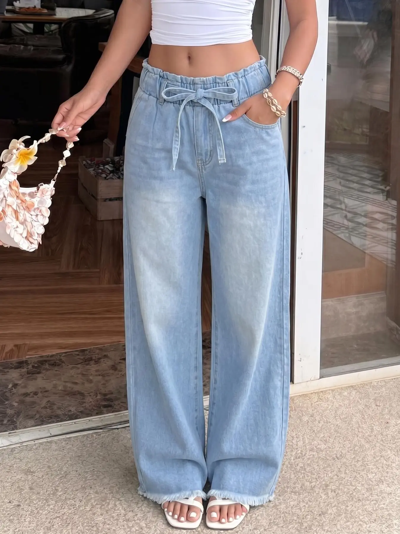 Vintage Light Wash Drawstring Elastic Waist Wide Leg Baggy Frayed Edge Loose Fit Women's Casual Denim Jeans, Comfortable All-Season Long Pants