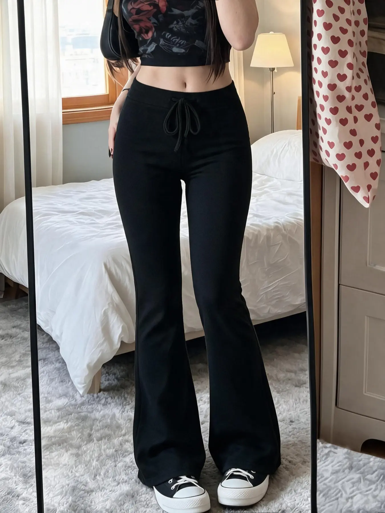Women's Y2K Street Style Drawstring Micro Flare Pants, Fitted Slimming Solid Color, Casual Long Trousers for All Season