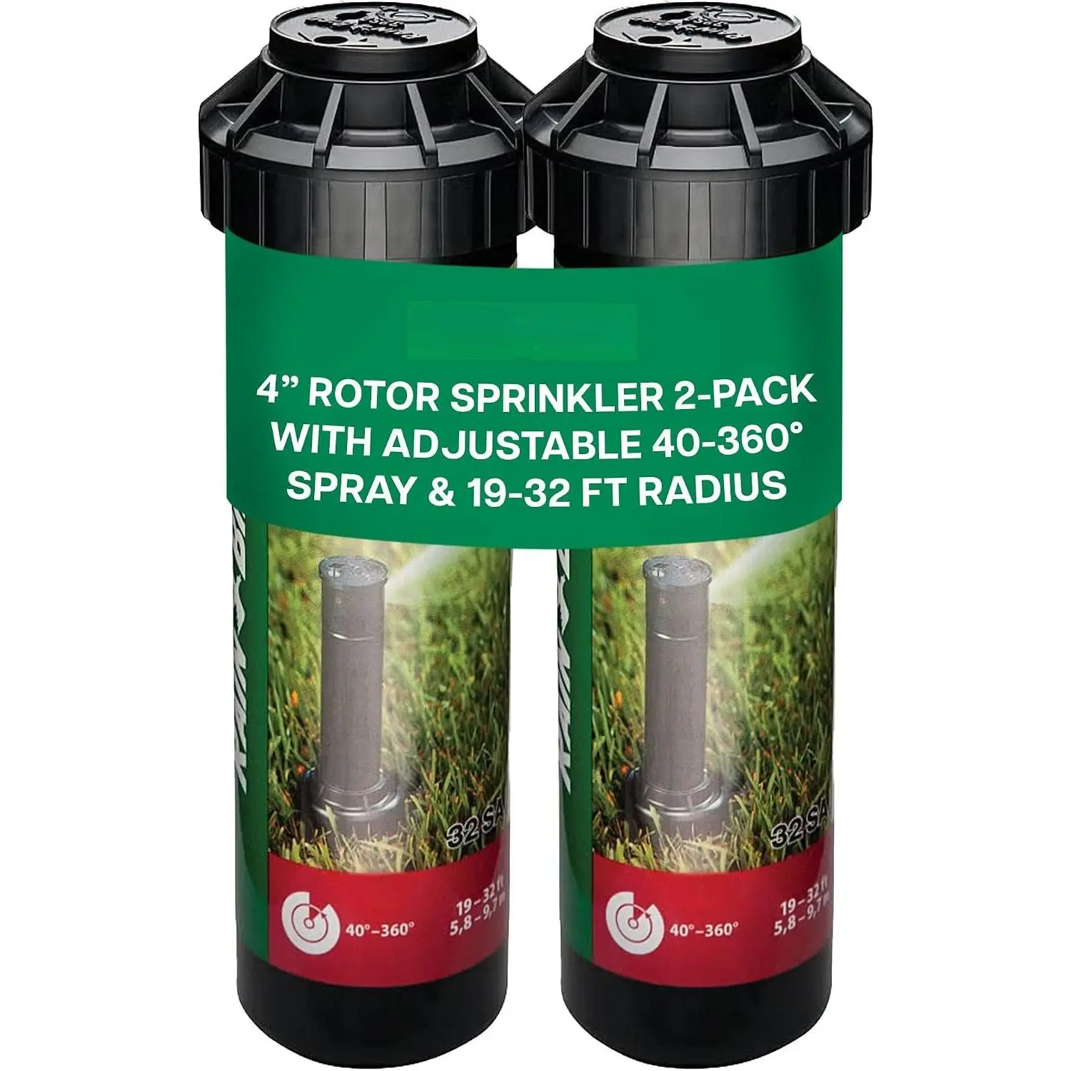 2-Pack 32SA Gear-Driven Rotor Sprinklers - 4-Inch Pop-Up Outdoor Lawn Irrigation Tool, 1/2-Inch Inlet, Adjustable 40-360 Arc, 19-32 Ft Radius, Water-Efficient