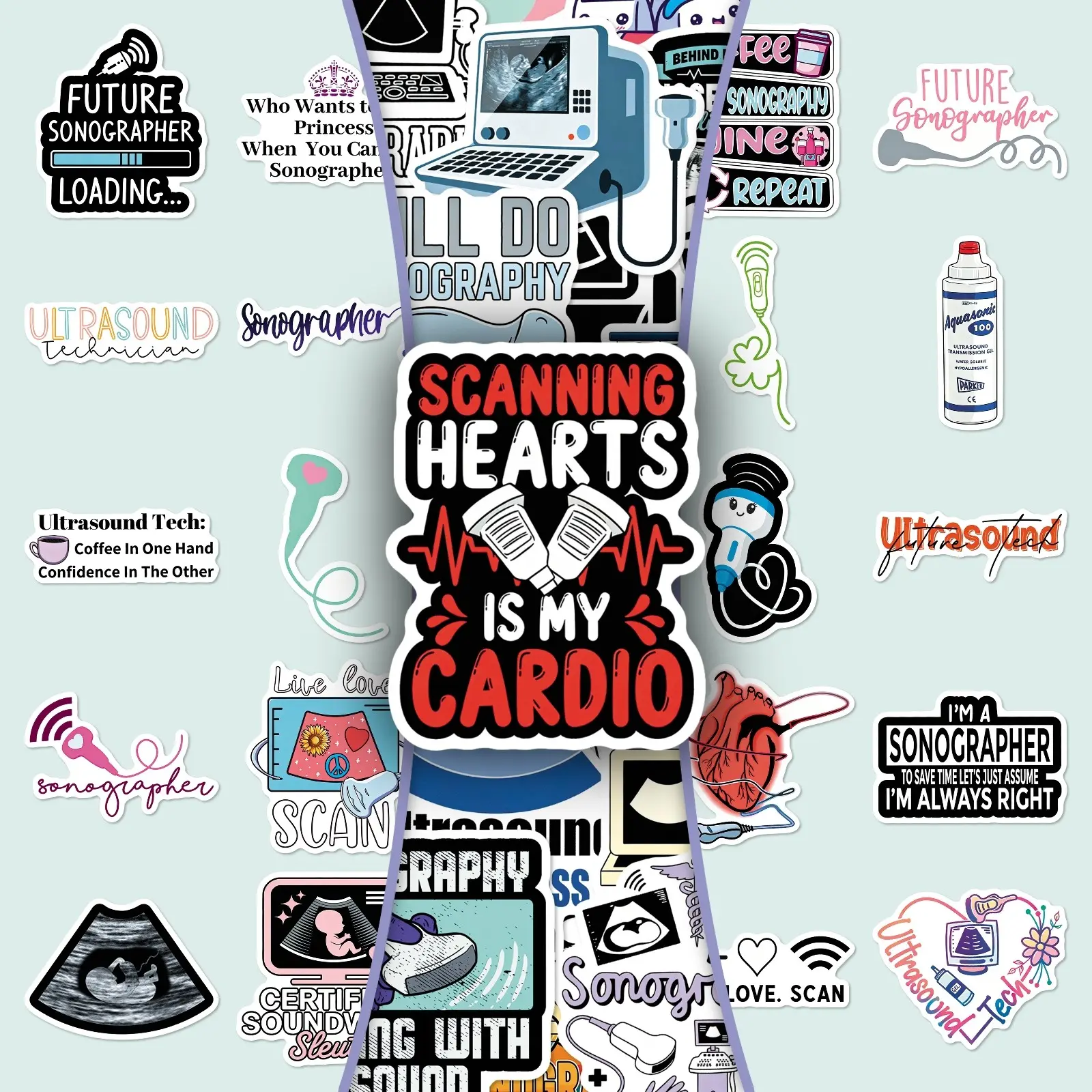 50Pcs Ultrasound Technology Stickers, Geeky & Creative Science Vinyl Decals for Journaling, Storage Box & Phone Case Decoration