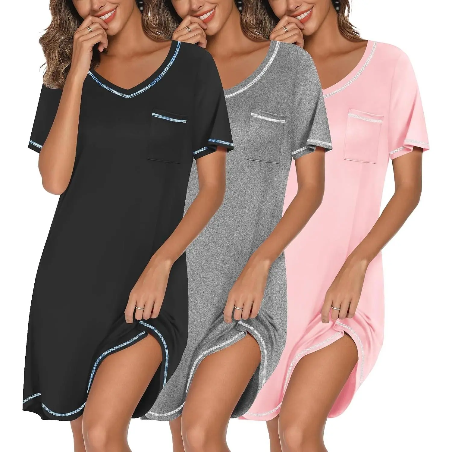 3 Pack Nightgowns for Women Short Sleeve Sleep Shirt Soft Sleepwear(Gift)