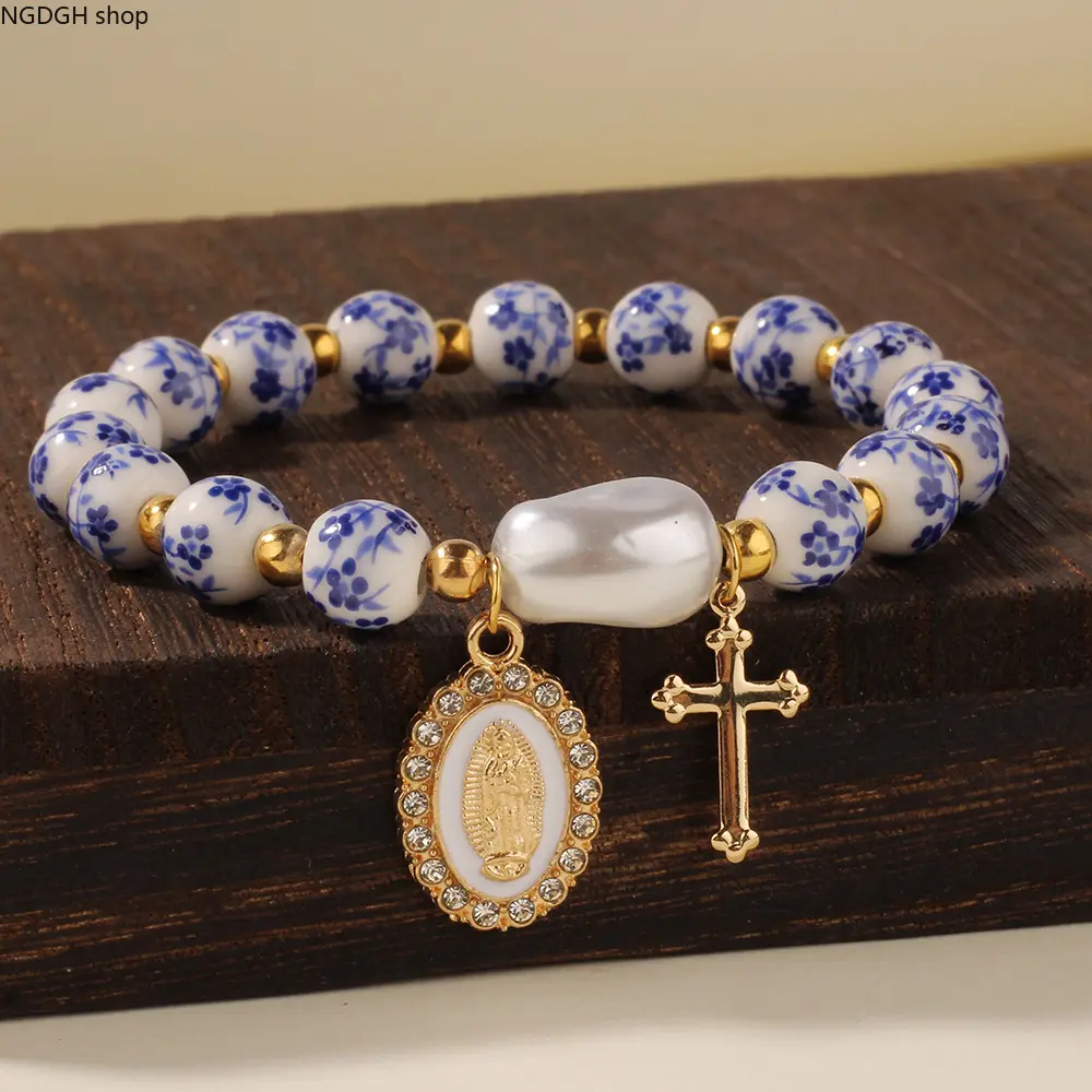 Women's Ceramic Bead Circle Bracelet with Pearl Cross Charm, Adjustable Size Fashion Jewelry for Sports & Outdoor, Beaded Circle, Female Wear