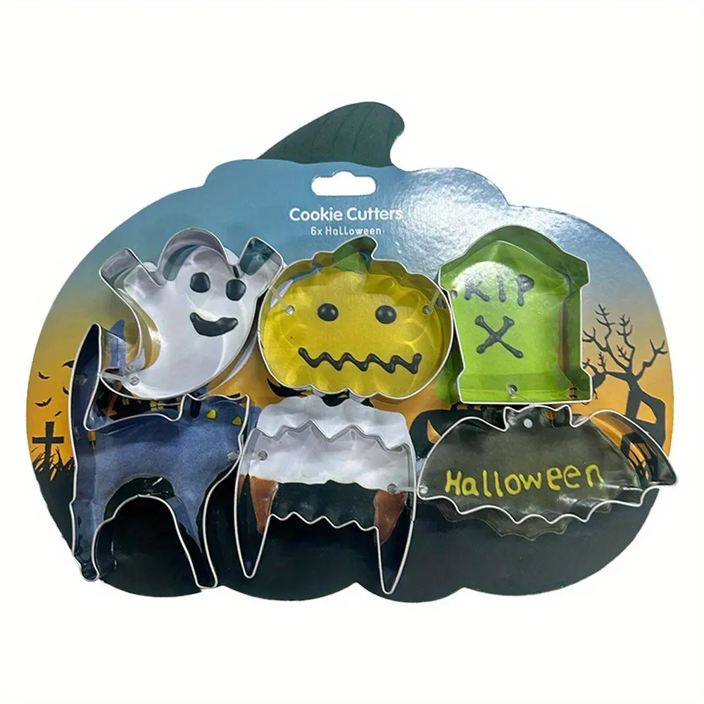 Halloween Stainless Steel Cookie Cutter Set, Ghost Pumpkin Tombstone Cat Zombie Bat Shapes, Food Grade Material, Party Baking Tools