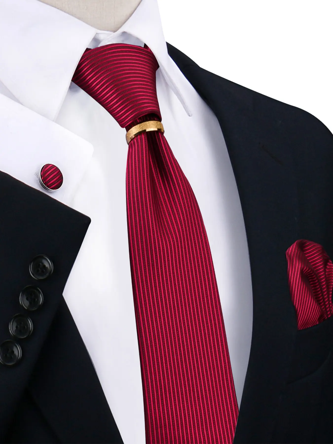 Men's Tie Set, Striped Tie, Four-Piece Necktie Handkerchief Cufflinks Ring Kit, Essential Shirt Accessories for Business Daily Events, Perfect Gift