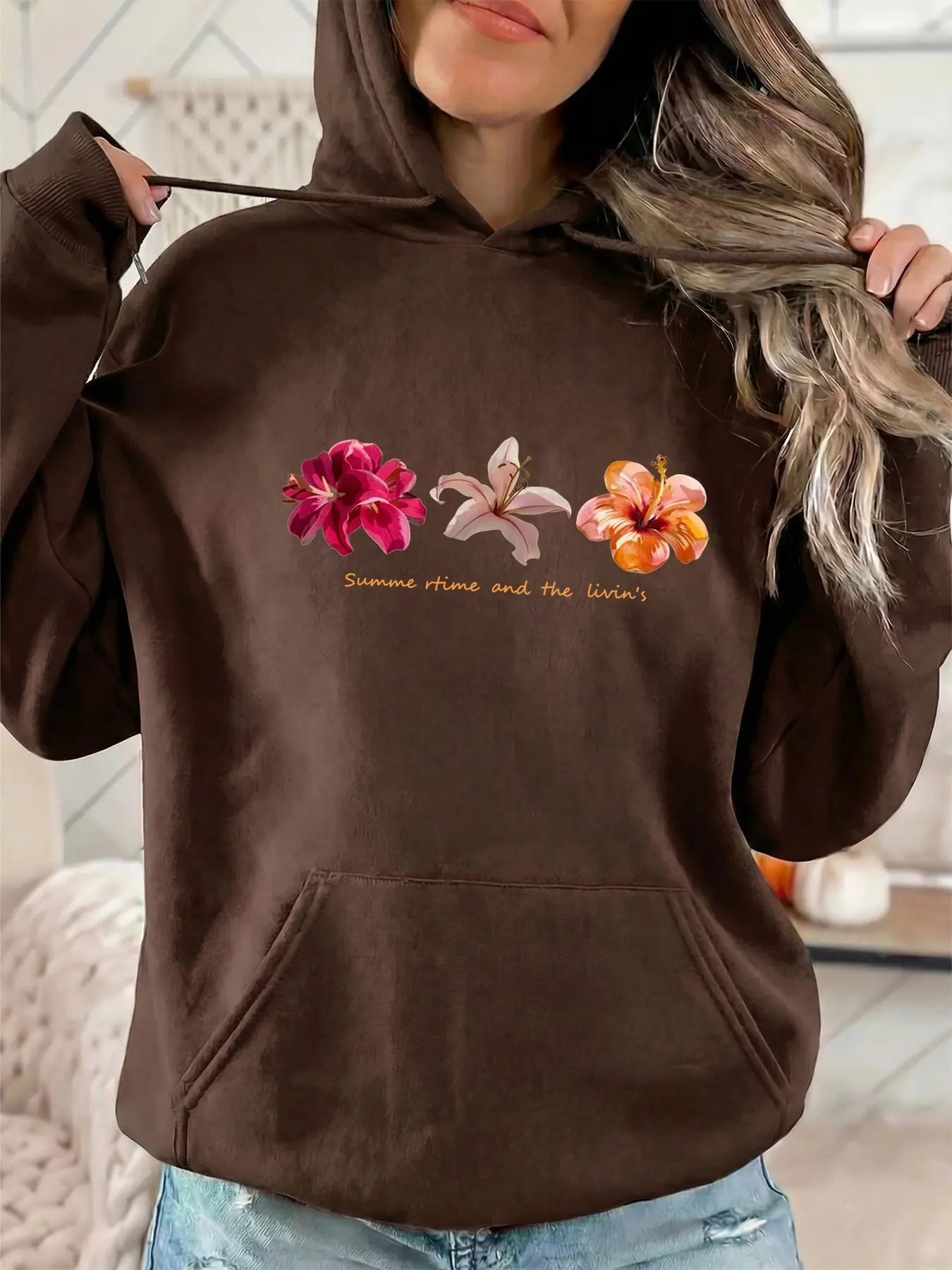 Women's Fashion Tops Hooded Sweatshirt, Summer Time Letters & Floral Print, Drawstring Kangaroo Pocket, Fall Winter Casual Sportswear, Warm Pocketed Sweatshirt