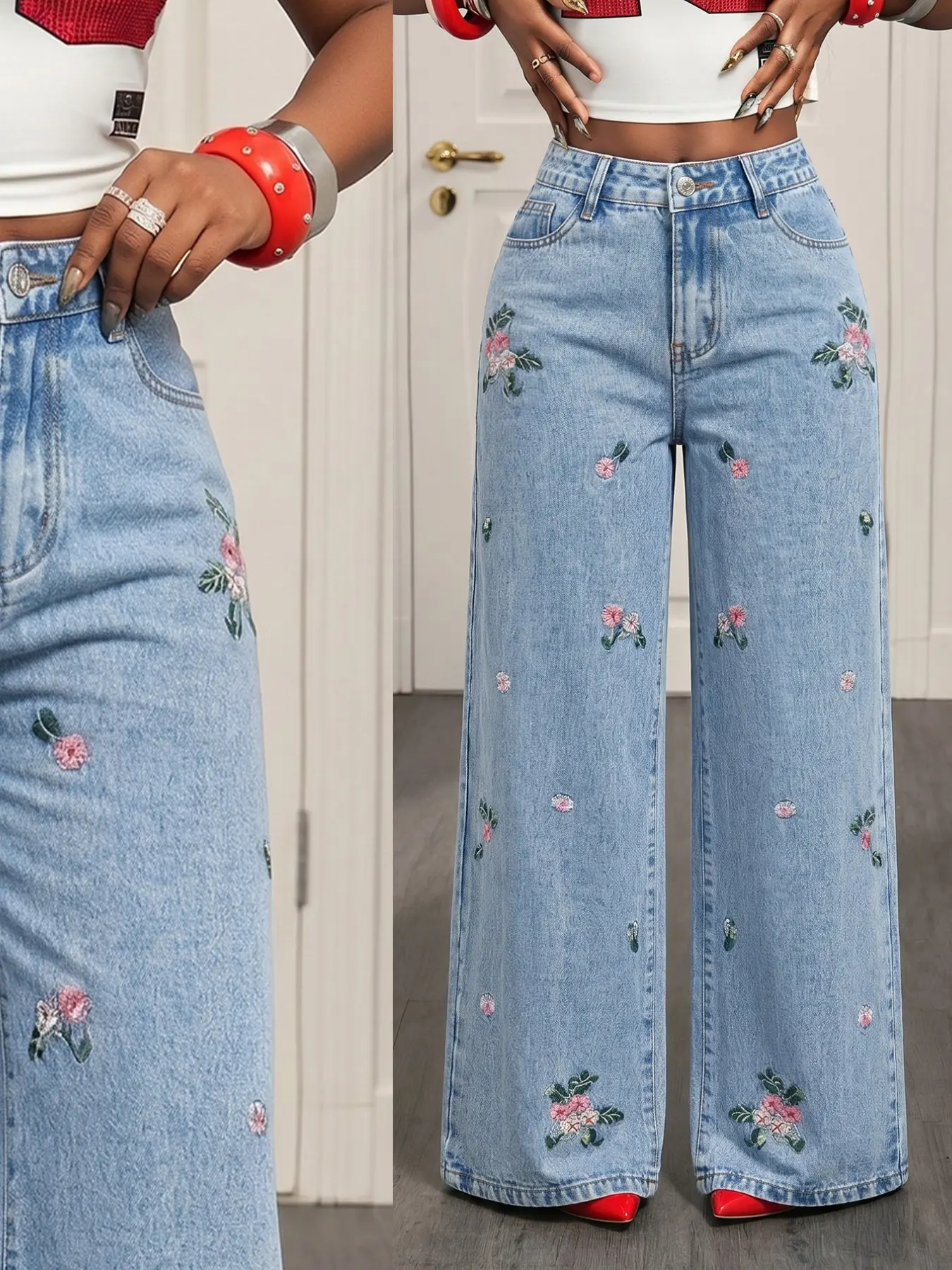 Women's Floral Embroidered Wide Leg Jeans, Casual High Waist Light Blue Washed Loose Fit Straight Pants, Long Denim Trousers, Casual Design Jeans