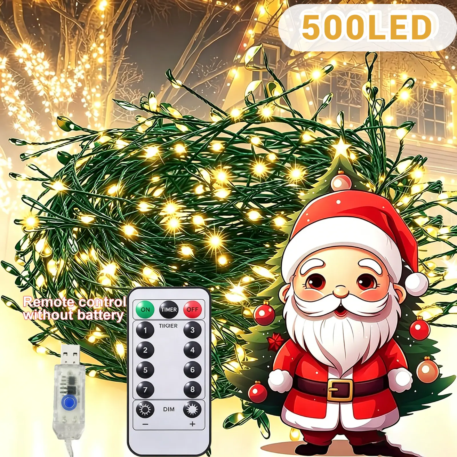 Christmas Tree Decorative Lights 49FT 500 LED, USB Powered Copper Wire String Lights with Remote Control, Warm White Fairy Lights for Indoor Outdoor Holiday, Christmas Eve, Party, Bedroom, Garden Decor
