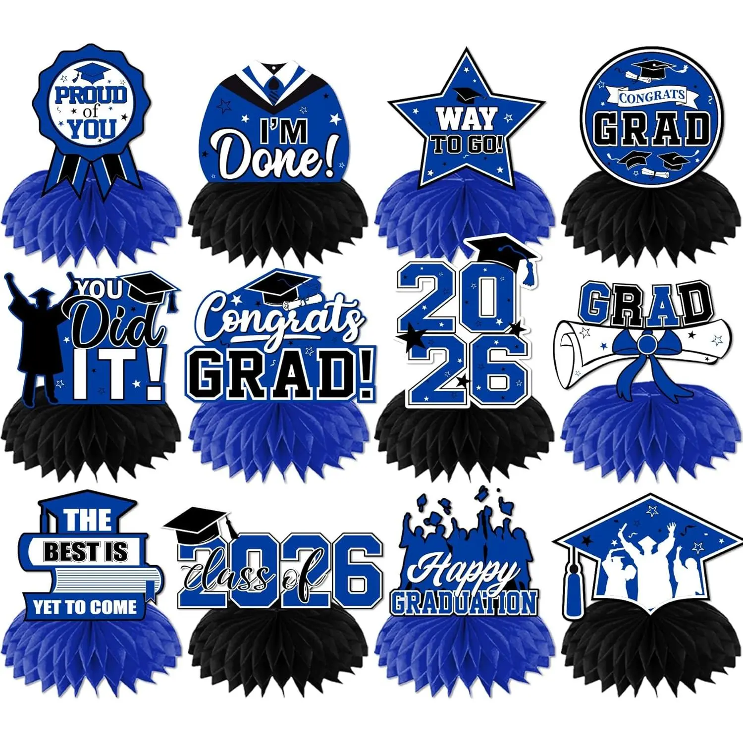Graduation Centerpieces, 12 Pcs Royal Blue and Black 3D Honeycomb Table Decorations for Class of 2026 Congrats Grad Party, Photo Props