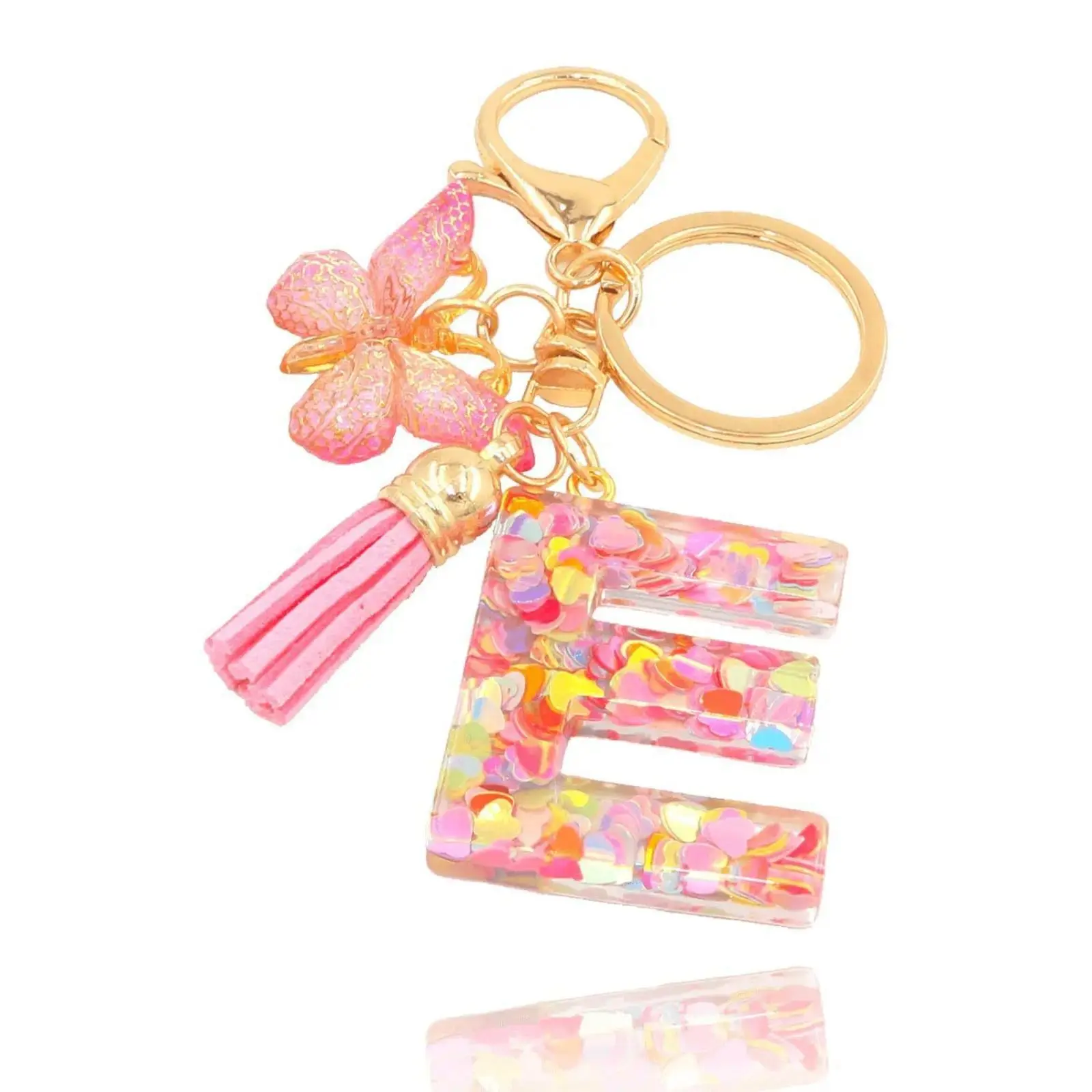 Stylish Pink Letter Keychain, Heart Sequins Butterfly Tassel Charm with Resin Crystal. Elegant feminine accessory, gorgeous bag and car key decor, lovely trendy pendant for daily matching, outfit embellishment and delicate gifts for women.