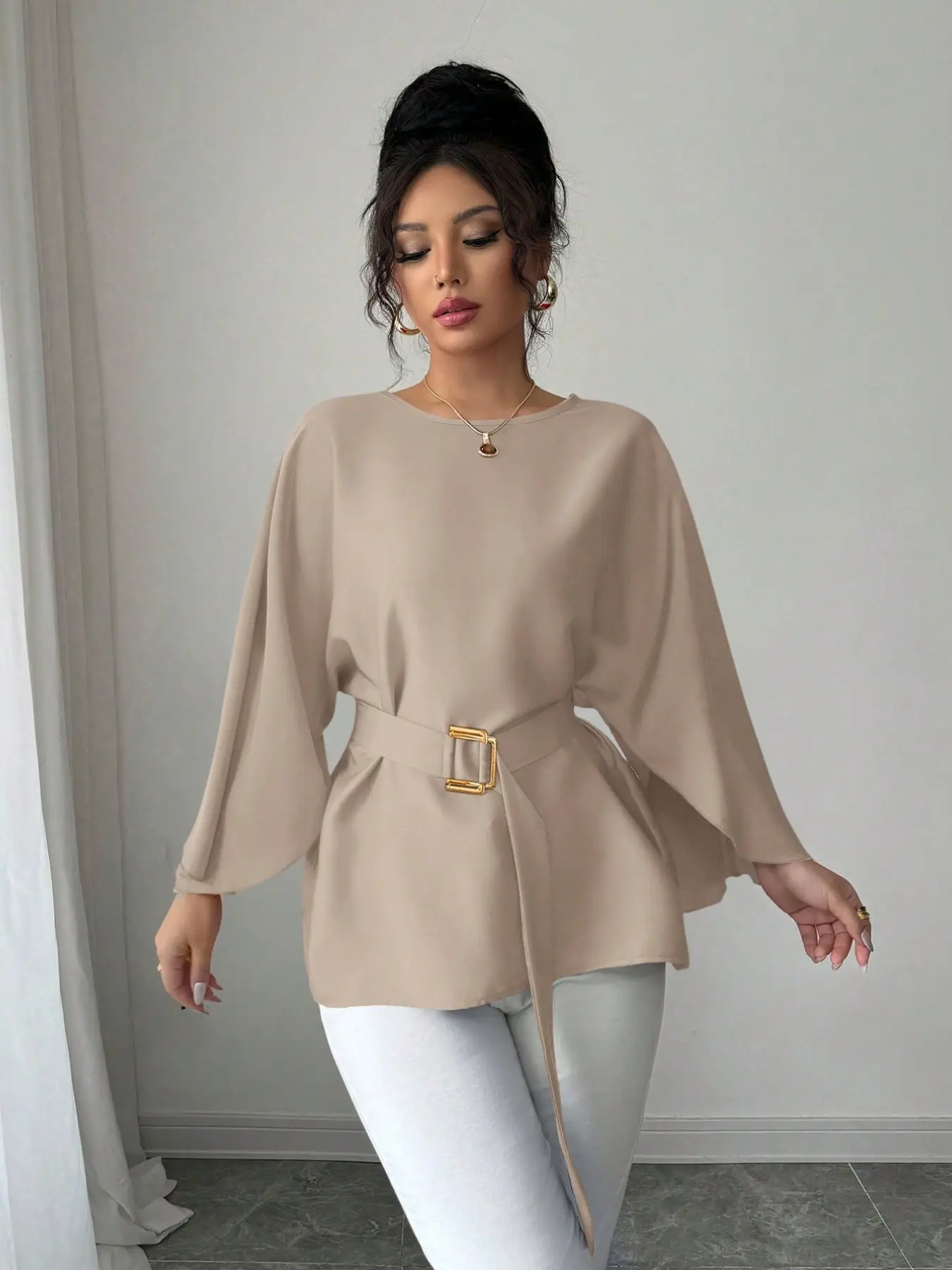 Women's Solid Color Batwing Flared Long Sleeve Blouse, Elegant Belted Waist Top, Casual Fashion Outfit For Daily Wear