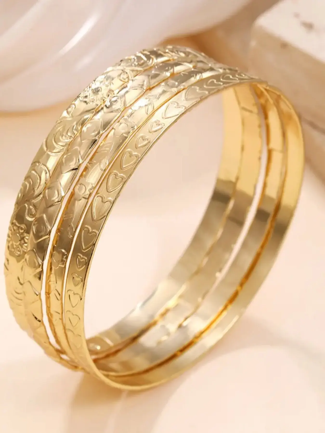 Vietnamese Sand Gold Style Engraved Bangle Bracelets, 4PCS/Set Gold Plated Stackable Bangles for Women, Hypoallergenic Copper Alloy