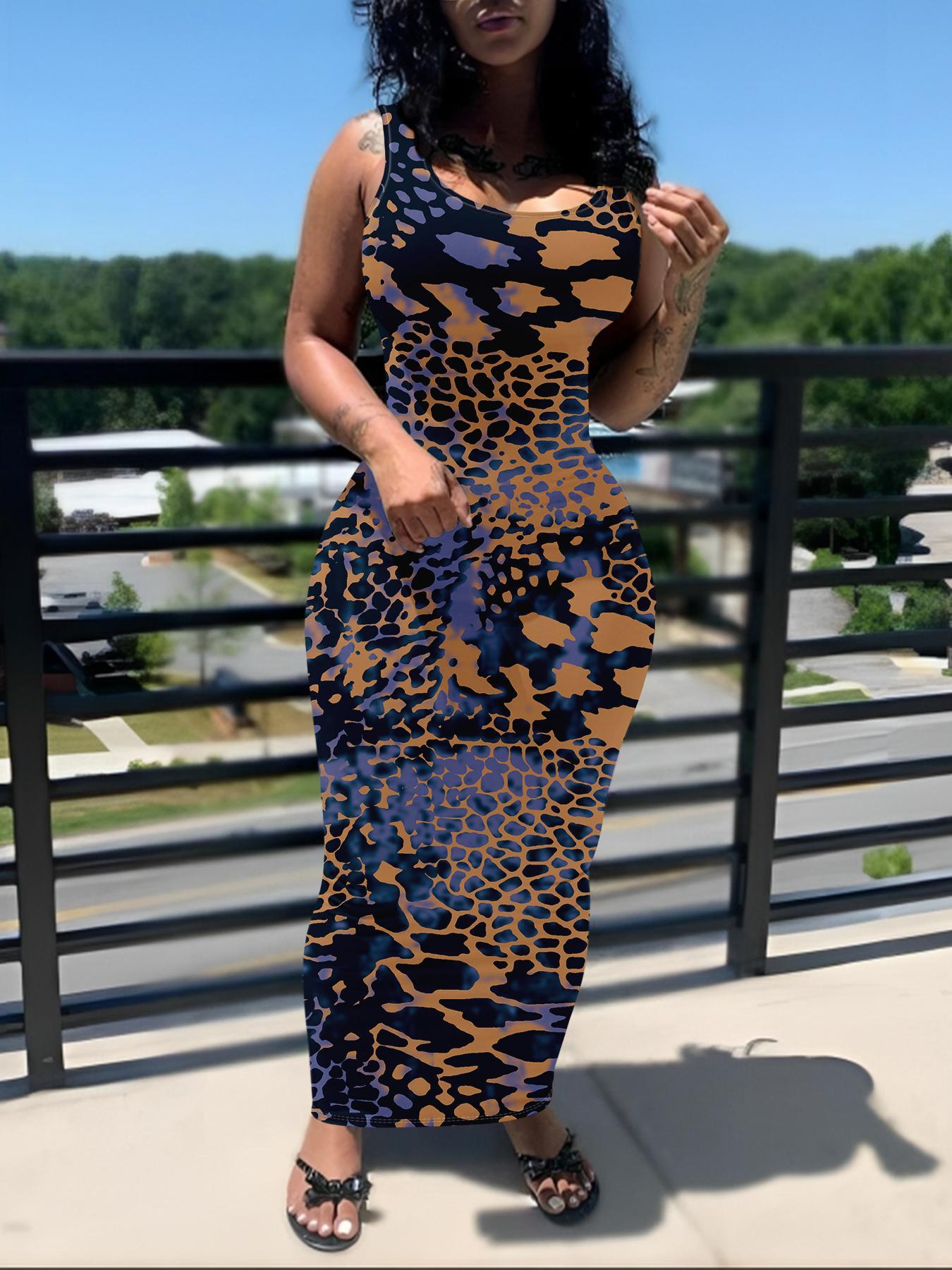 Women's All Over Print U Neck Bodycon Dress, Casual Sleeveless Long Dress for Summer, Ladies Clothes for Daily Wear