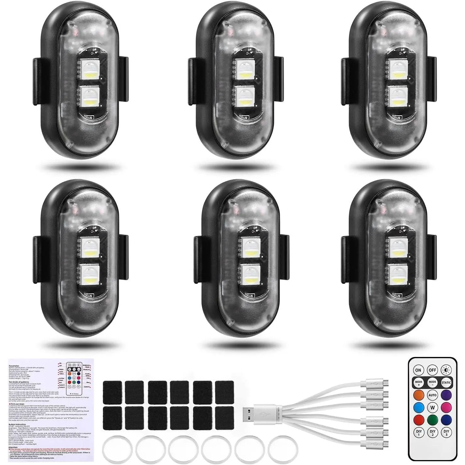 6 PCS RGB Led Aircraft Strobe Lights Motorcycle Lights LED Flash Position Wireless Light Aircraft Warning Lights