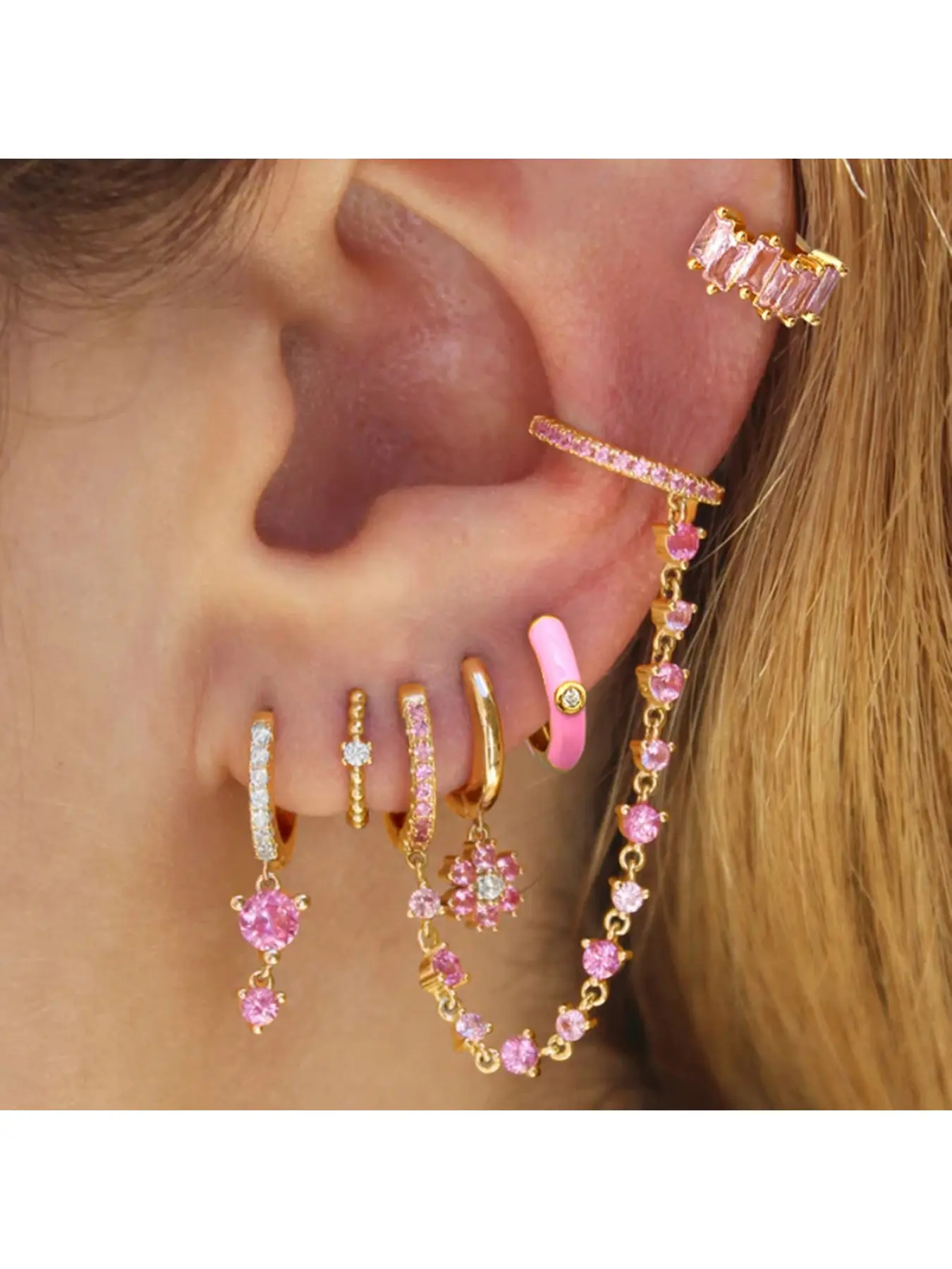 Women's Fashion Pink Earring Set, Stackable Helix Studs & Hoop Earrings with Premium Texture, Fashion Jewelry Earrings
