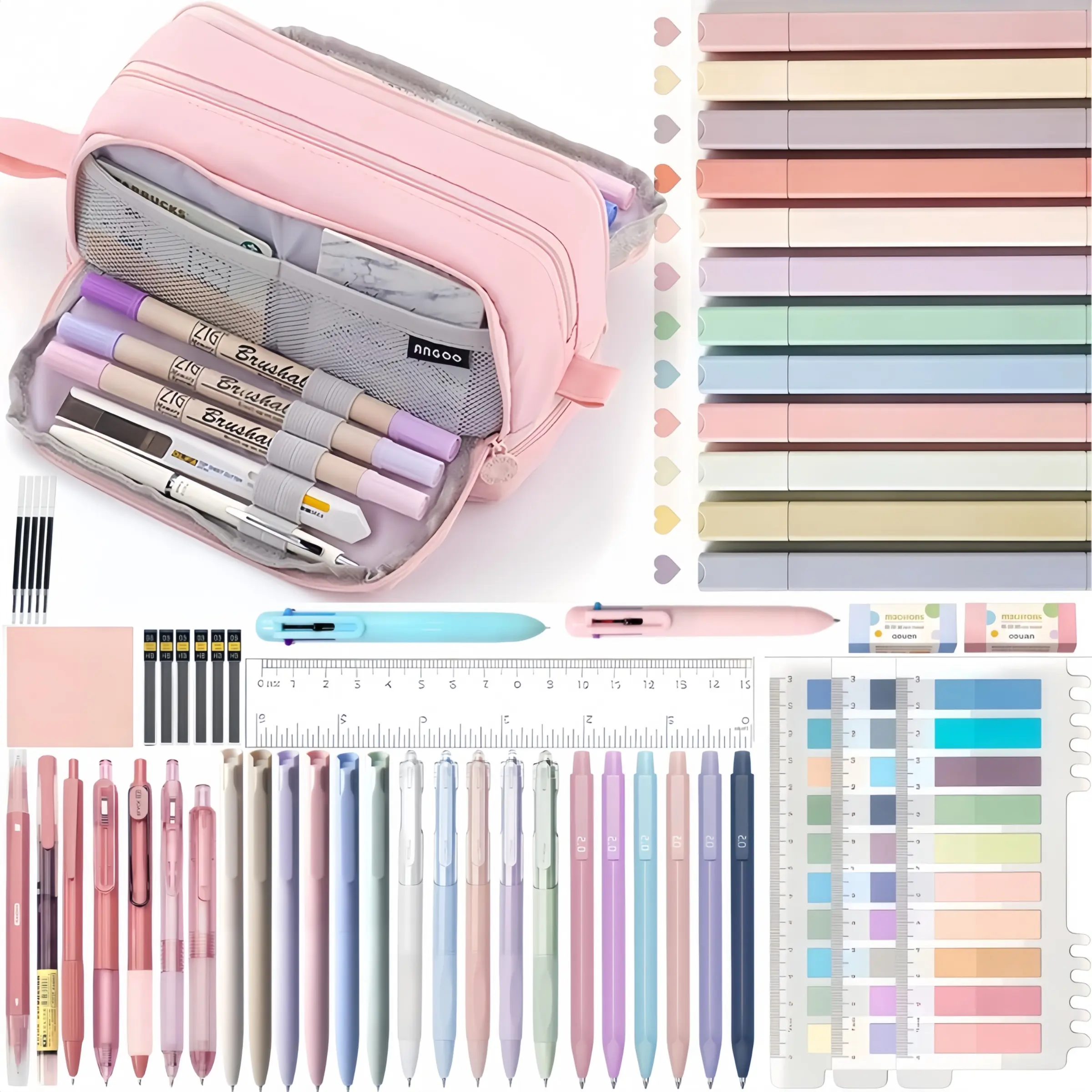 52pcs Aesthetic School Supplies, Large Pencil Case, Gel Ink Pens, Mechanical Pencils, Highlighter, Sticky Notes, Stationery Bag, School Supplies Set