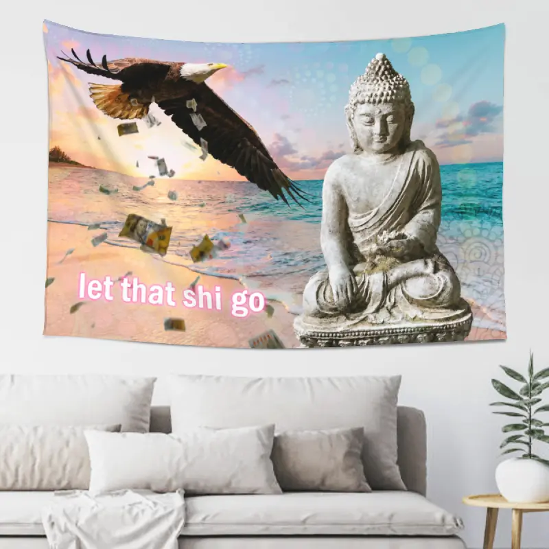 Buddha Quote Meme Tapestry - Peach Skin Fabric, Lightweight Wall Decor Photo Decoration for Bedroom Dorm, Pastel Spiritual Humor Home Supplies, Multiple Sizes Available