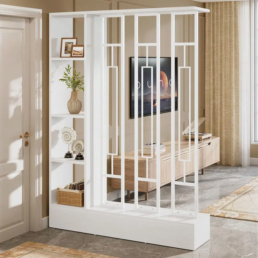 Room Divider With Display Shelves, 70.9" Modern Freestanding Room Divider Screen With Sturdy Base, Partition Home & Office (White, 47.2" W X 11.8" D X 70.9")