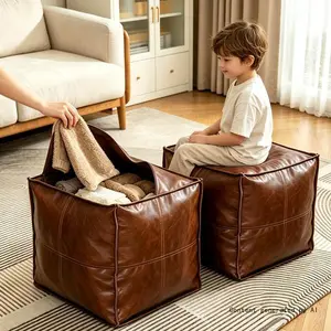 15.7-inch Square Pouf Seat for Old Clothes Storage, Lazy Sofa Footrest & Toy Blanket Organizer , for Living Room Bedroom Unstuffed Faux Leather Ottoman Cover