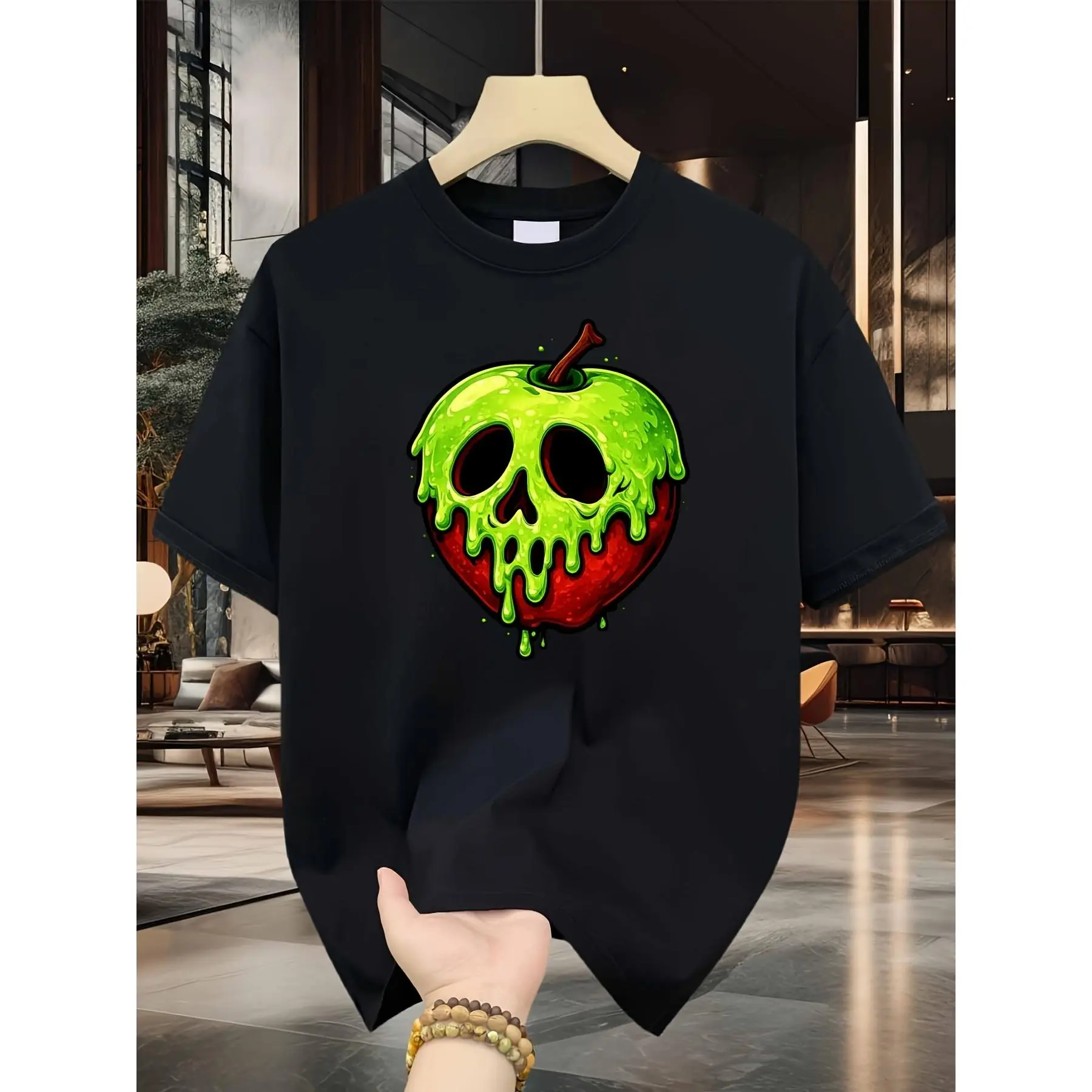Poisoned Apple Men'S T-Shirt Green Melting Skull Apple Print Pattern Pure Premium Print Durable Casual Fashion Retro Casual Short-Sleeved T-Shirt with a Round Neck And Printed Pattern Suitable for Daily Commuting And Outdoor Activities Machine Washa