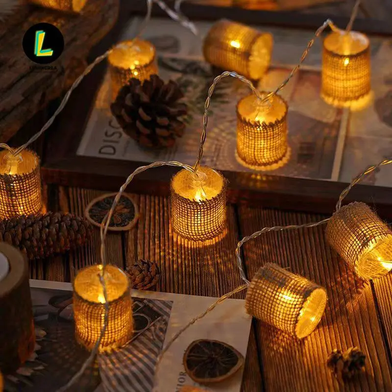 Chinese Style Retro Linen Atmosphere Lanterns LED Light String Chinese Handmade String Lights Festival Creative Literary Decoration Lights
