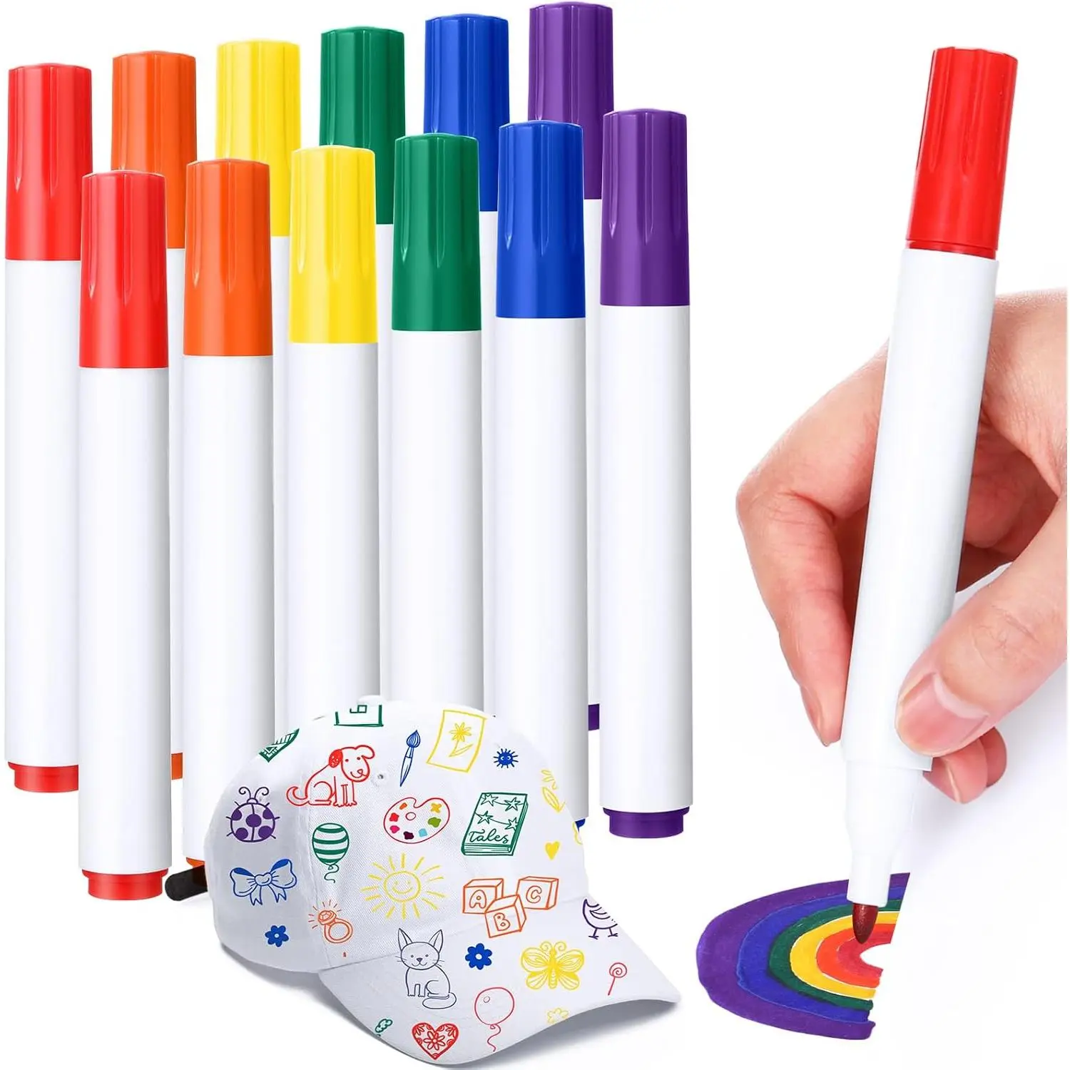 12 Pack Rainbow Fabric Markers Permanent for Clothes 6 Color  Fabric Pens for T-shirt Shoe Canvas Bags Rainbow Markers for Classroom School Supplies