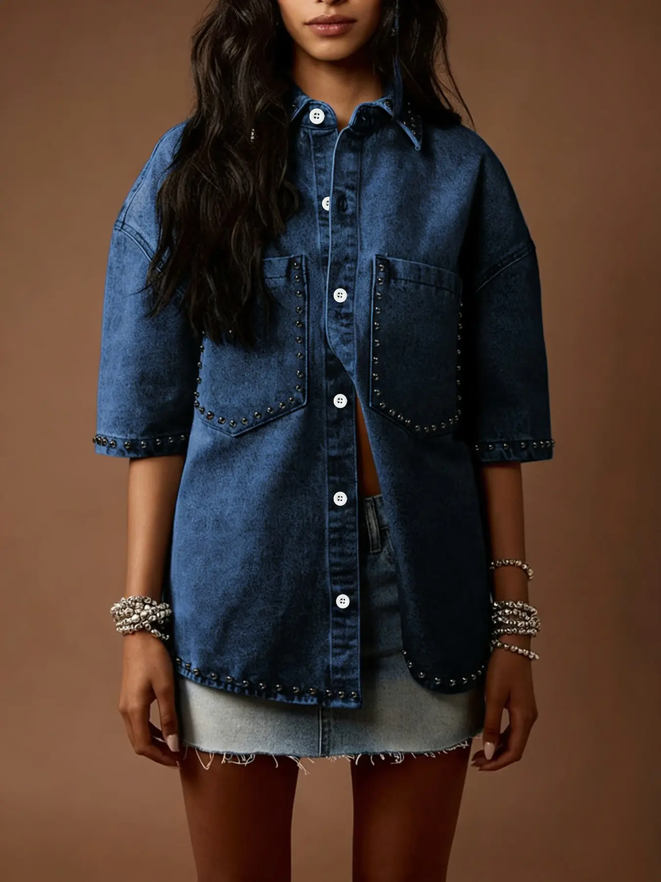 Deep Blue Vintage Washed Short Sleeve Loose Fit Denim Jacket, Rivet and Button Details, Punk Street Style, Casual, Fashionable Outerwear for Men and Women