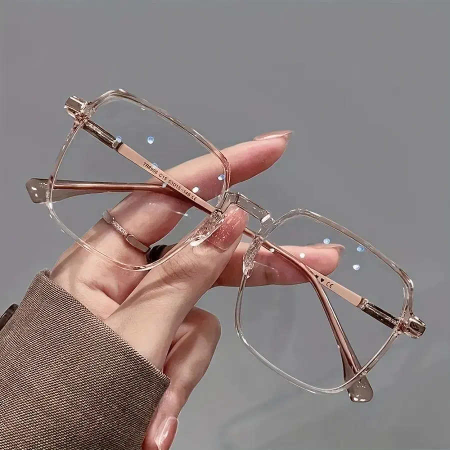 Unisex Rectangle Alloy Glasses, Full Rim Frame with Transparent Anti-Fatigue Lenses for Computer Use and UV Protection, Rectangular Sunglasses, Adults, Natural Material, Transparent Tea Frame, Metal Frame Eyeglasses