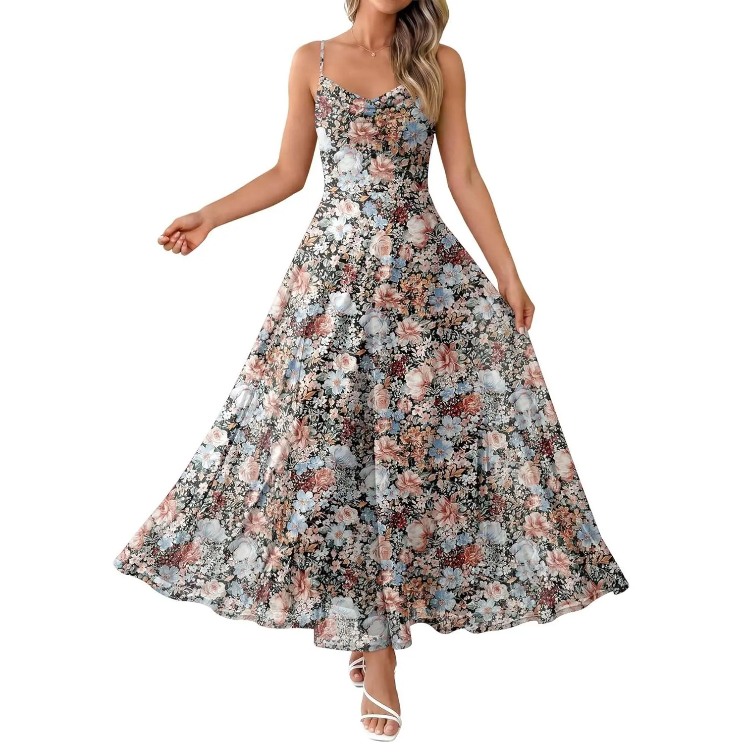 Prinbara Women's Floral Maxi Dress - Sexy Spaghetti Strap Cowl Neck Mesh, Maternity Cocktail Semi-Formal Summer Spring Wedding Guest Beach Dress, Bridal, Long Dress