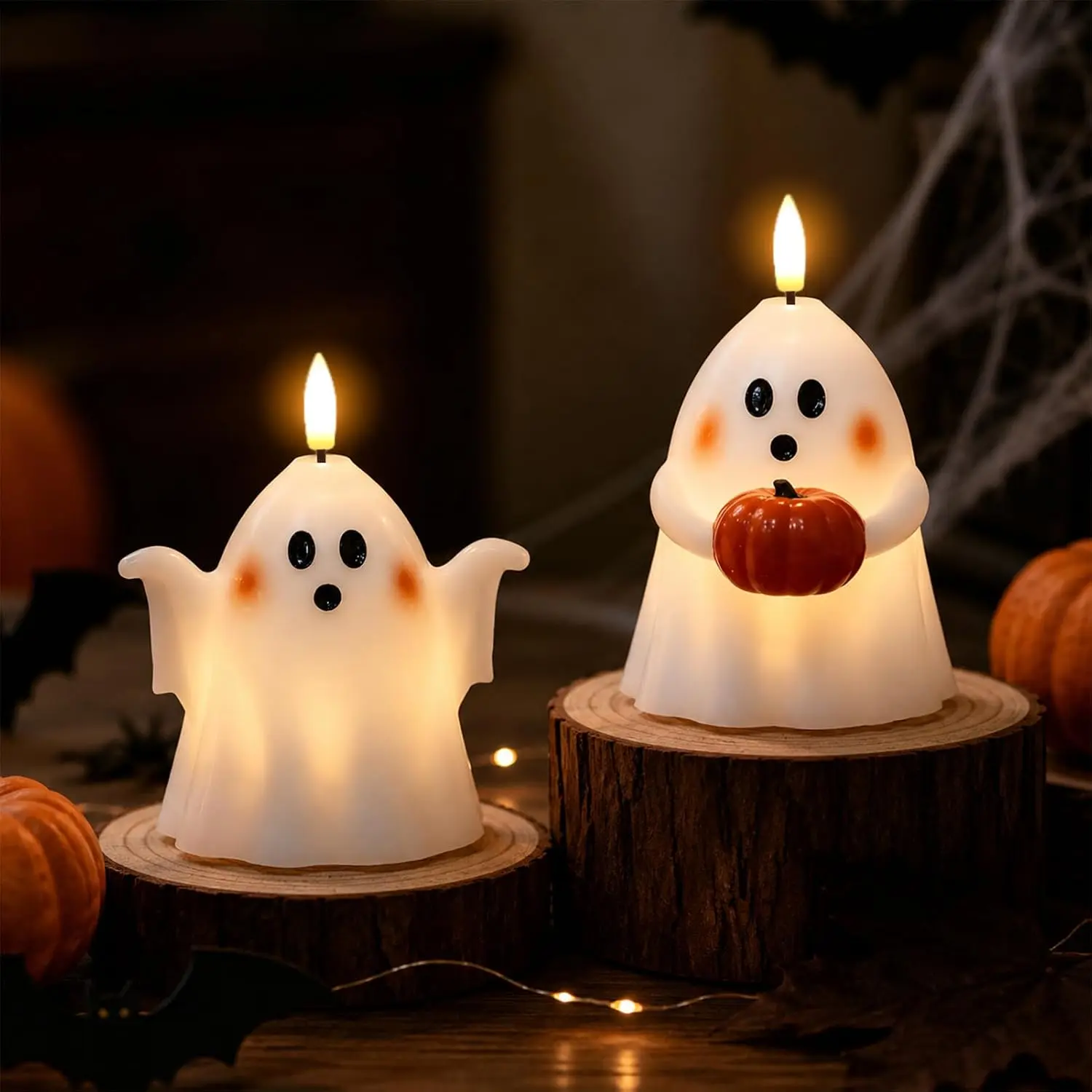 Spooky Halloween 2-Pack Battery-Operated Flameless LED Pillar Candles with Timer, Real Wax, 3D Flickering Wick, Long-Lasting Light, 2 Pack Pumpkin Carved Figurine, Switch, Slide, Home Indoor Decor Gift (3.5" D x5" H), 3.5" Dia