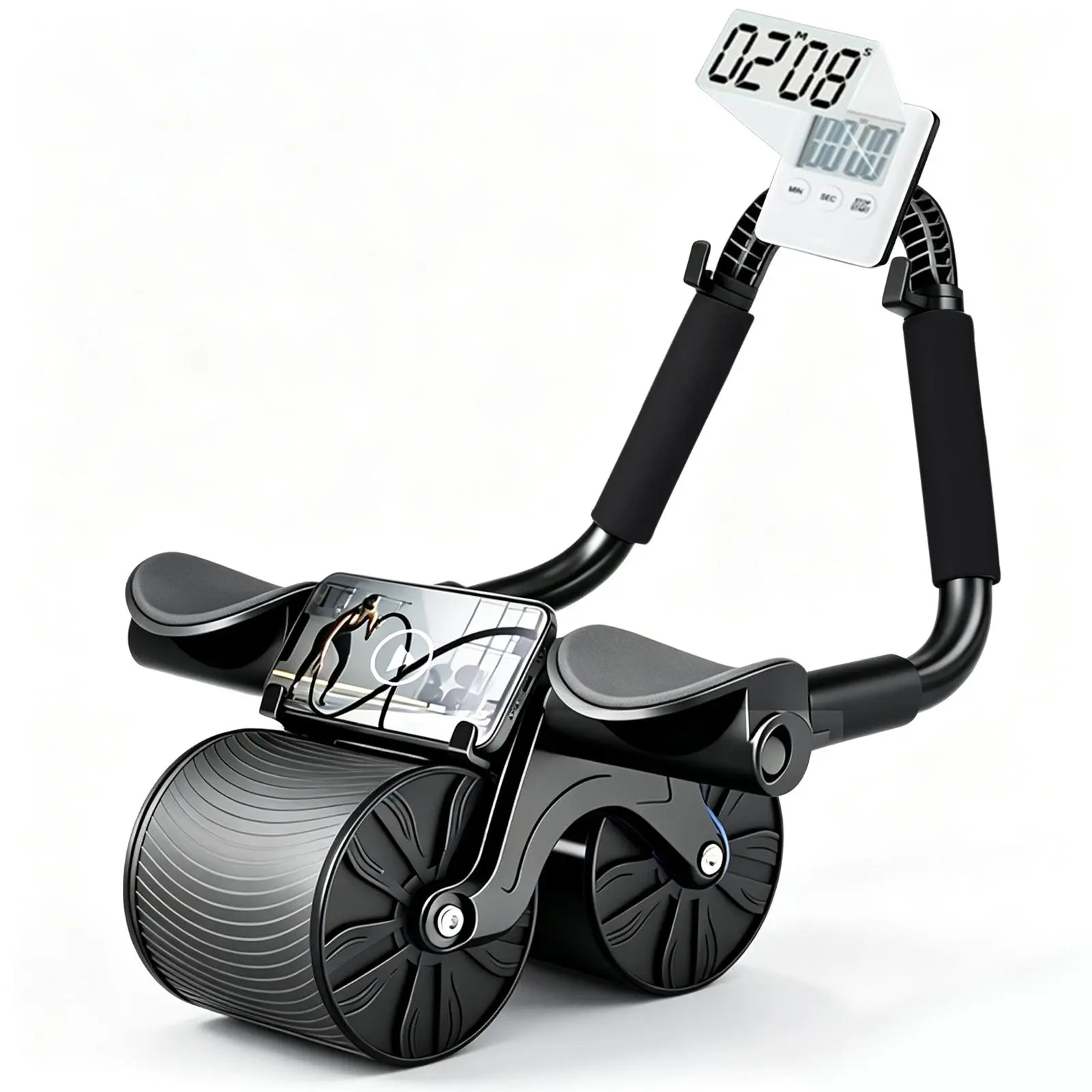 All Round Core Training Gear Upgraded Automatic Rebound Ab Roller Wheel Abdominal Wheel Dual Wheel Ergonomic Non Slip Timer Elbow Support Knee Mat Phone Holder Home Gym Fitness Equipment for Men Women