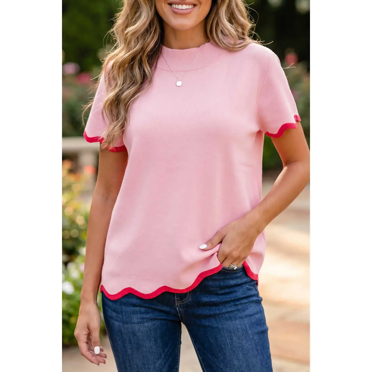 Pink Stand Neck Contrast Wavy Trim Short Sleeve Sweater