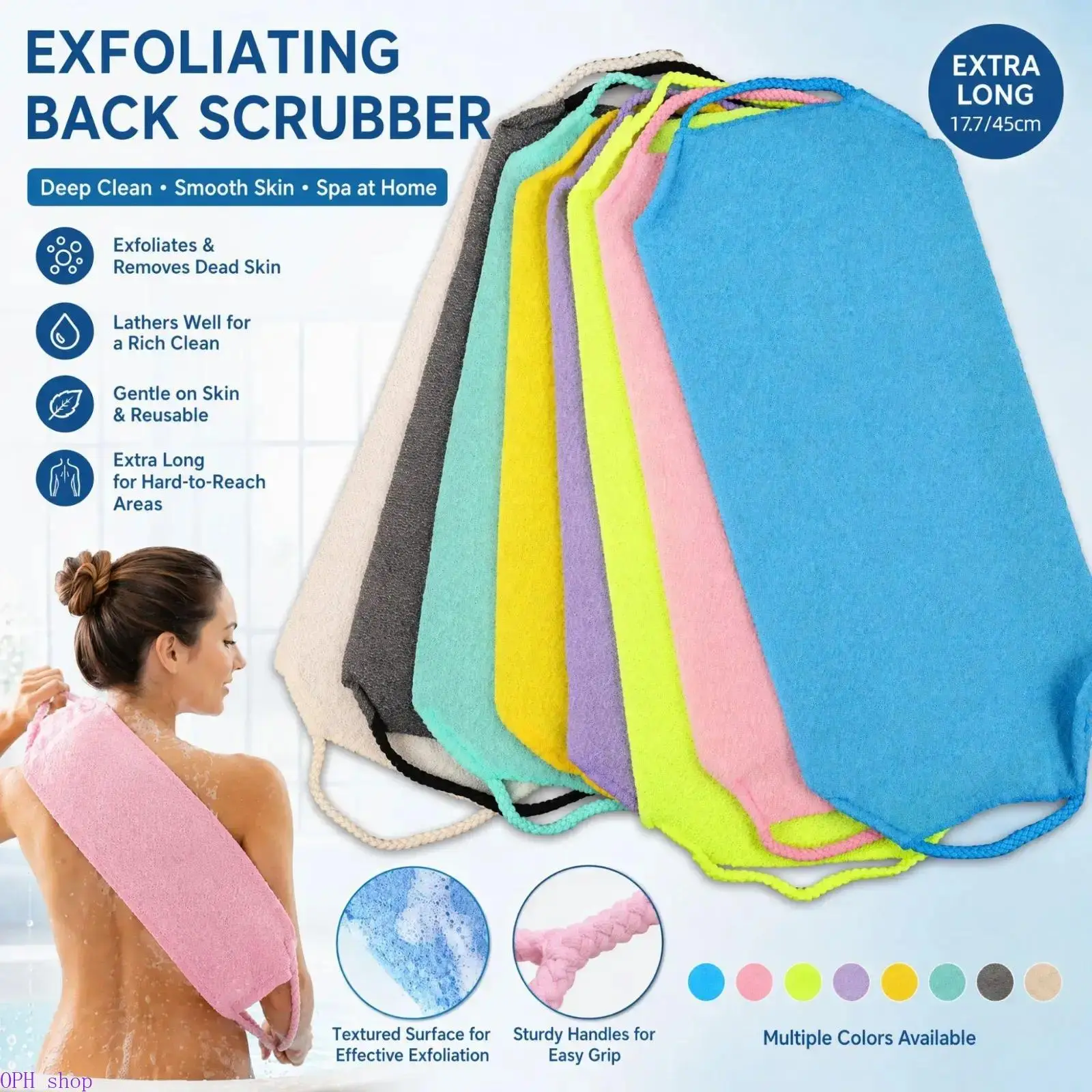 Korean Style Reusable Unisex Exfoliating Back Washcloth - Long Stretch Polyester Synthetic Bath Strap, Extended Elastic Dual-Sided Foam Body Scrubber, Portable Shower Accessory for Deep Back Cleansing