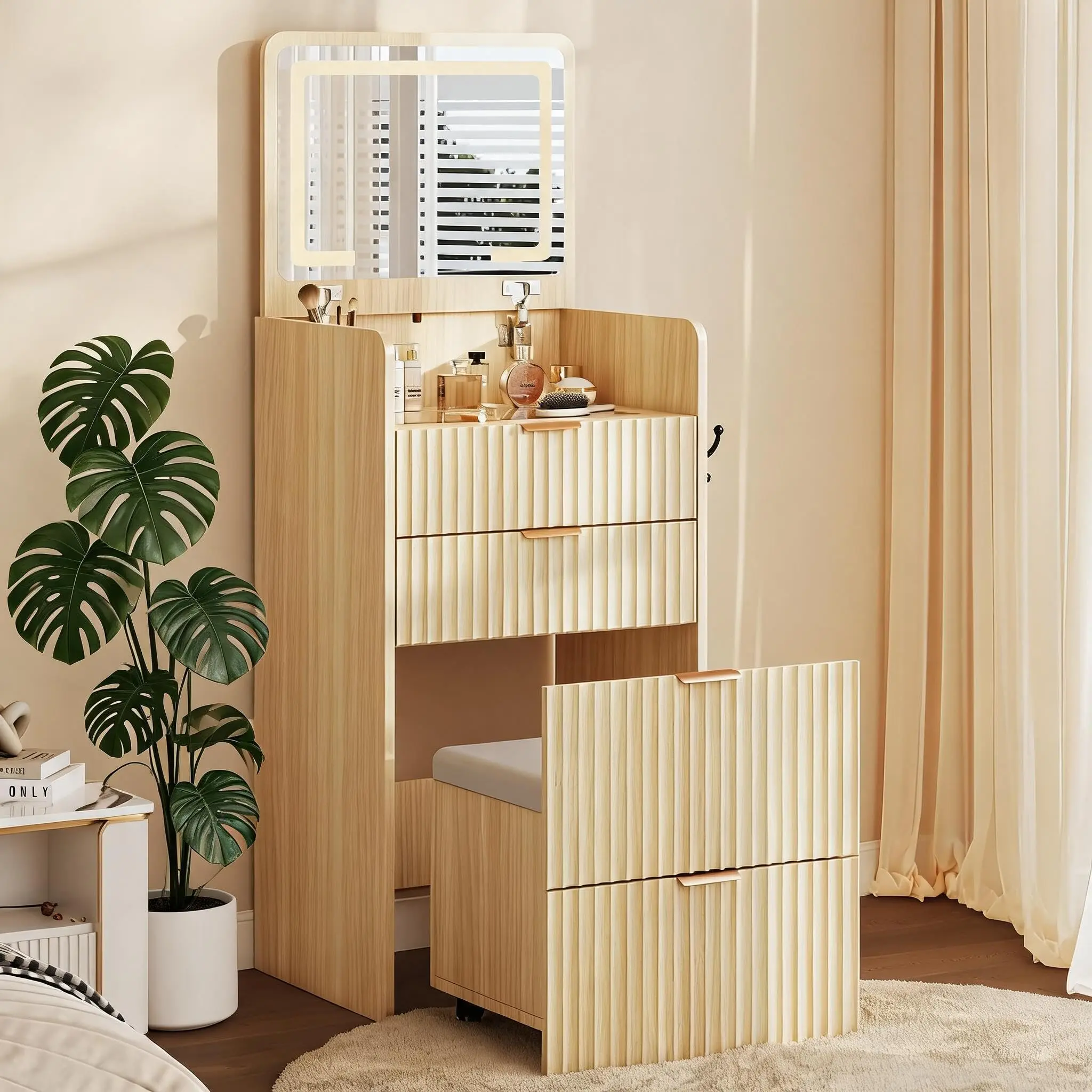 3 in 1 Vanity Desk featuring 3 spacious drawers, rolling stool, compact design with flip top mirror and built-in lights, modern small makeup vanity table with convenient charging capabilities