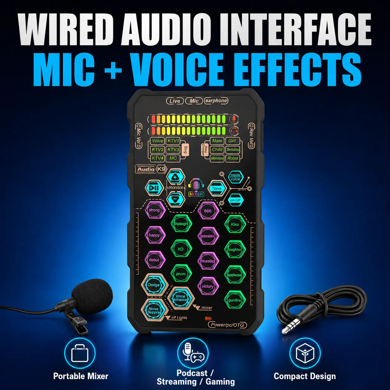 Portable Wired Sound Card Audio Interface with Microphones, Compact Live Streaming Mixer for PS5, PC, iPhone & Android, Gaming, Podcasting and Recording