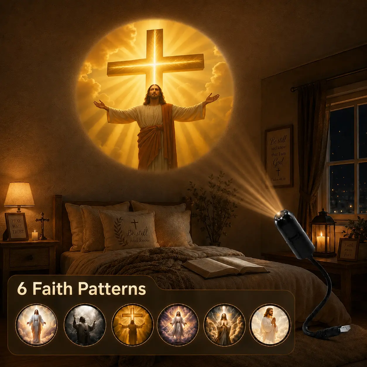 6 Pattern Jesus & Cross Projector Light, USB Powered Adjustable Wall Ceiling Projection Lamp Decorative Lights for Living Room, Bedroom, Prayer Space and Church Decoration