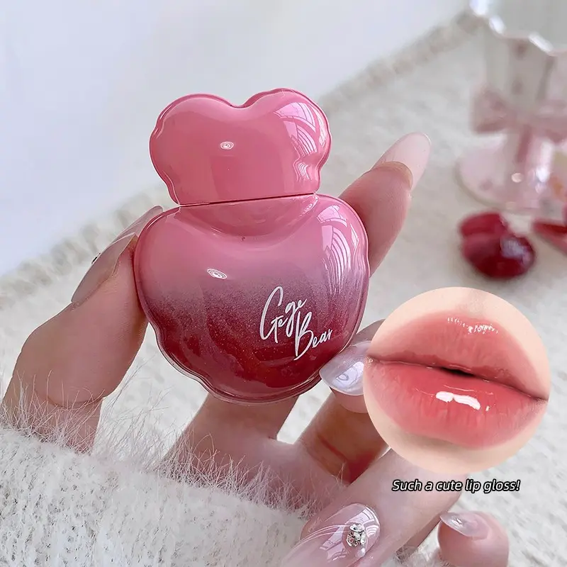 Gege Bear Heart Shaped Moisturizing Lip Gloss, Nude Mirror Finish Light Makeup, Fake Natural Look, Brightening Cute Design