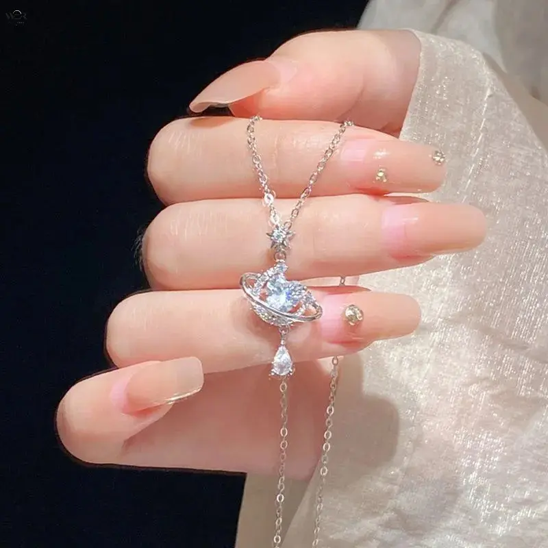 Women's Celestial CZ Crystal Saturn Pendant Necklace - Silver-Tone 45cm Thin Cable Chain, Micro Pave Teardrop Choker, Minimalist Space Jewelry Gifts for Teen Girls, North Star Pendant Necklaces