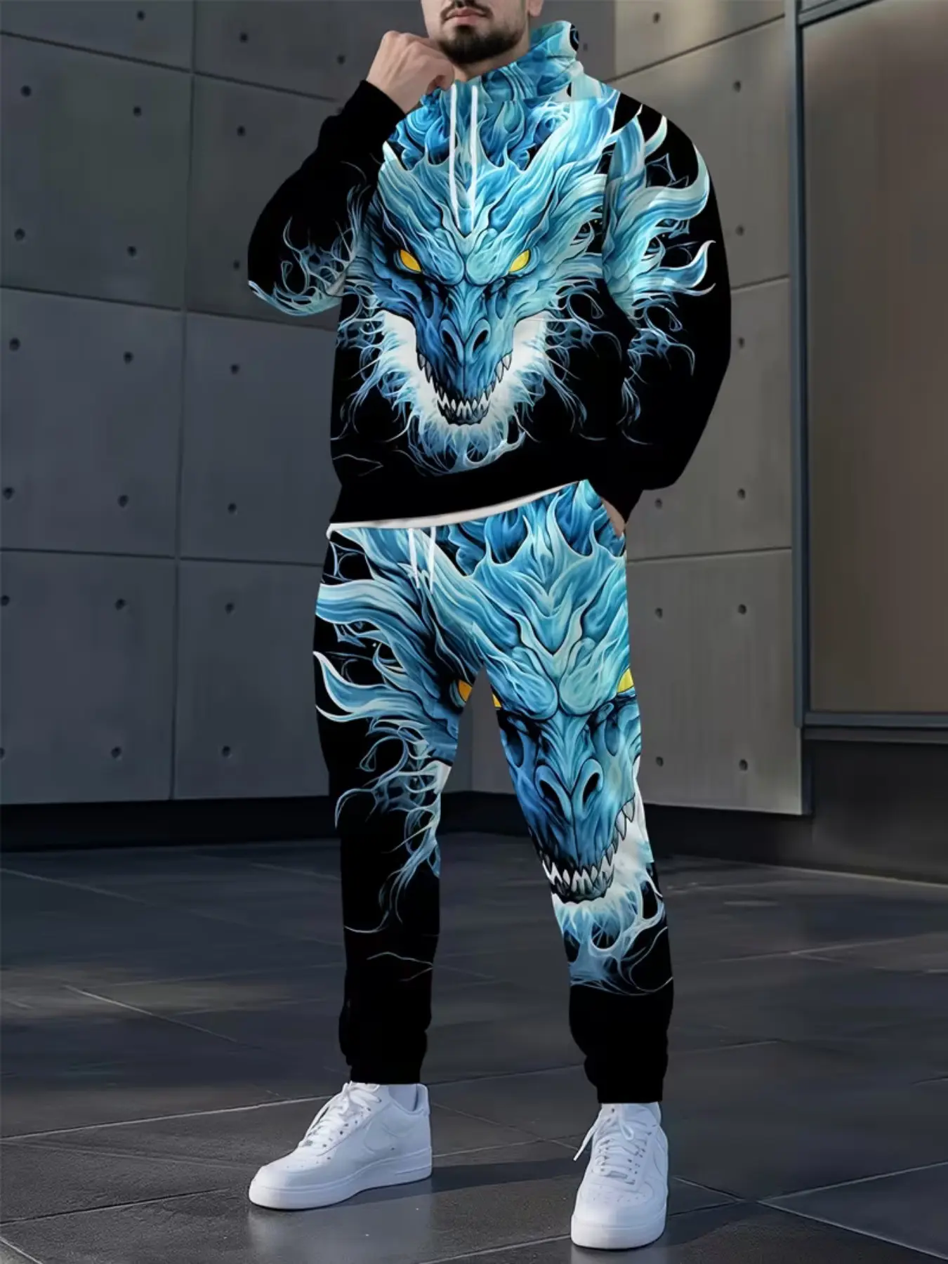 Men's Base Blue Dragon Beast Pattern Hoodie Set, Casual Long Sleeve Fitted Pants, All over Print Streetwear, Medium Length