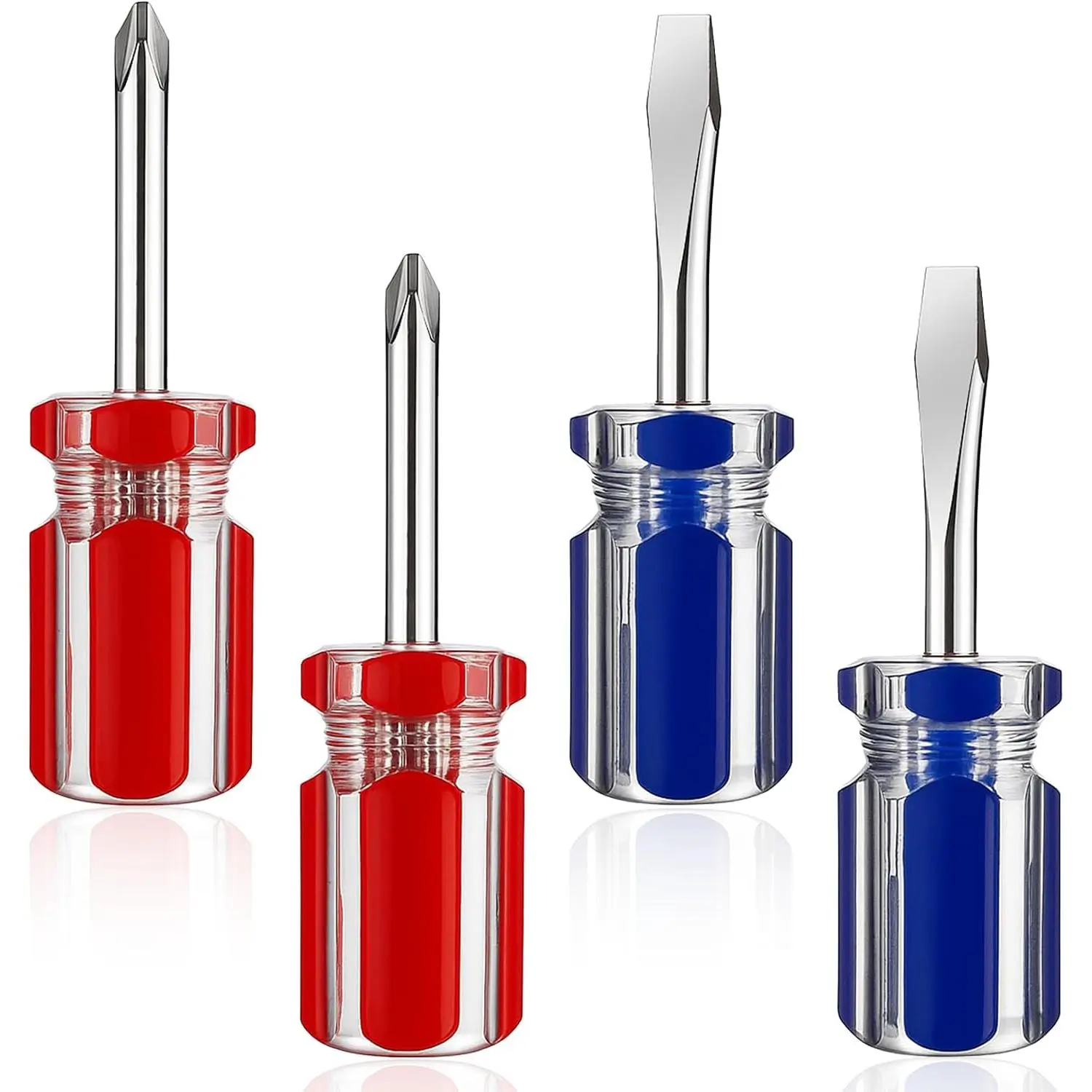 4 count Short  Set with  Tip, Flat and   Screwdrivers, Two-Color Small Handle Stubby , Compact  Tip Hand Tools for Tight Spaces DIY   Electronics