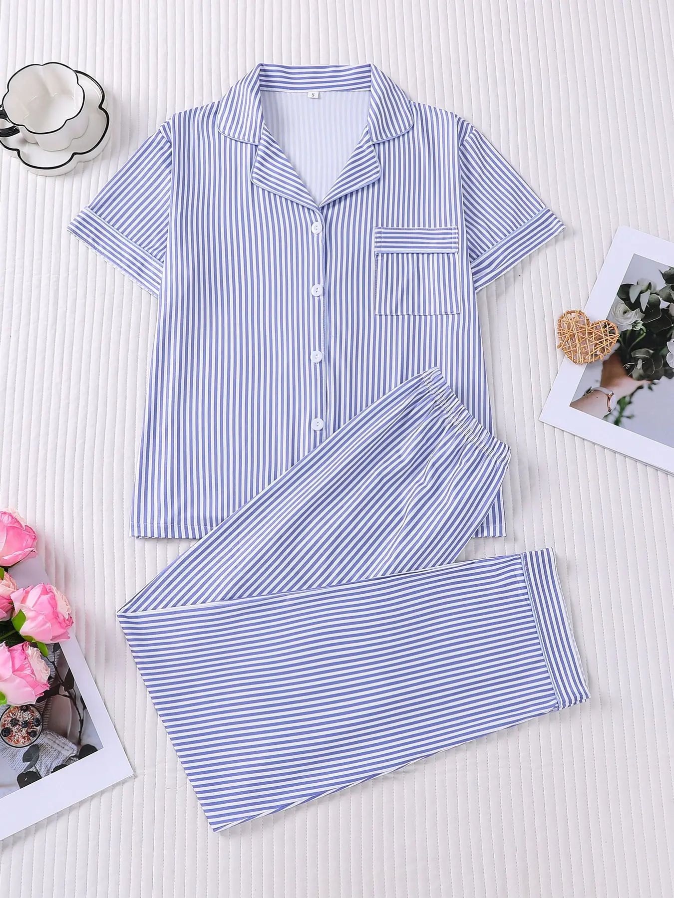 Women's 2-Piece Blue White Striped Pajama Set, Minimal Korean Preppy Style Loungewear, Notch Collar Short Sleeve Top With Chest Pocket & Elastic Waist Long Pants, Ultra Soft Breathable All Season Casual Home Sleepwear Pjs Knit Loungewear Pajamas