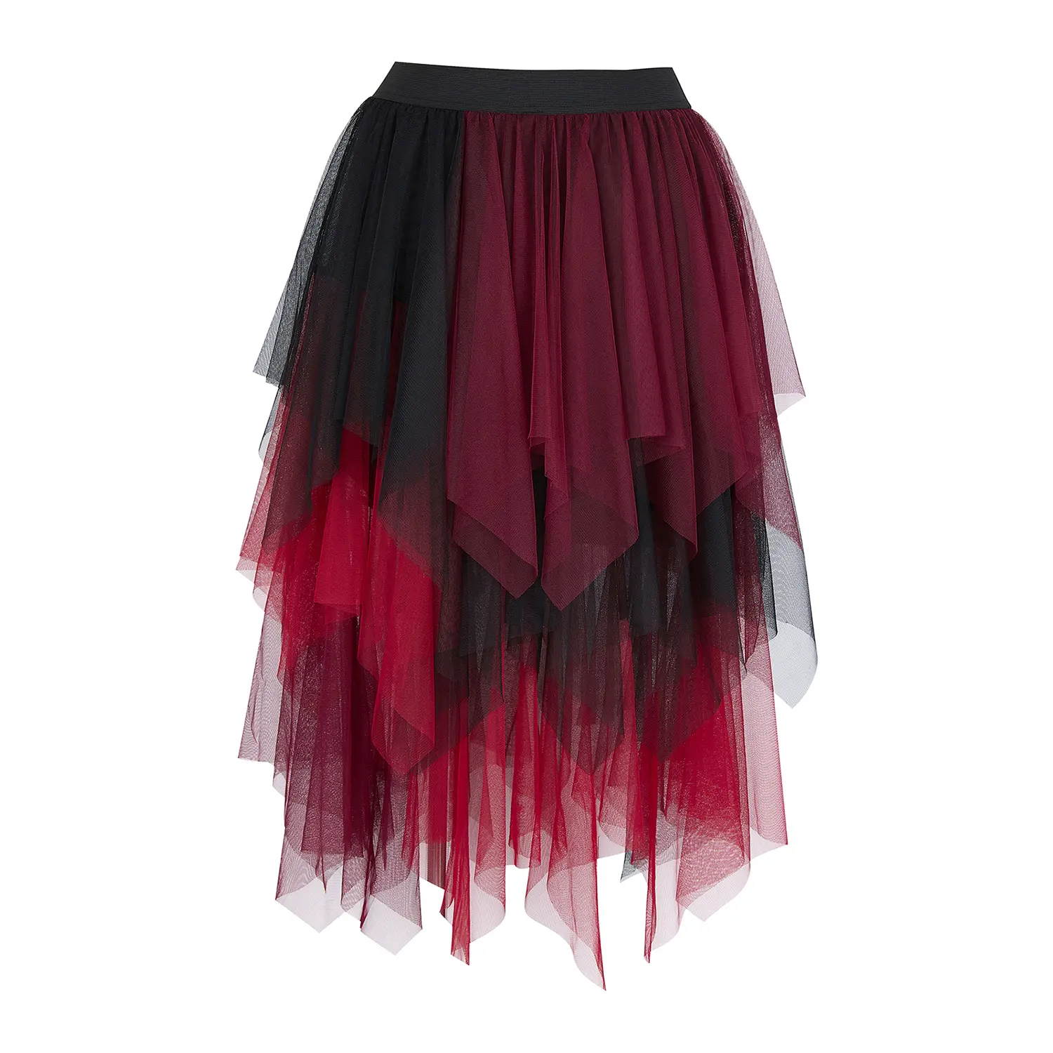 Women's Plus Size High-Low Asymmetrical Mesh Skirt - Vintage Witchy Irregular Bottoms for Steampunk, Pirate Costumes - Available in Black, Red, Green, Purple